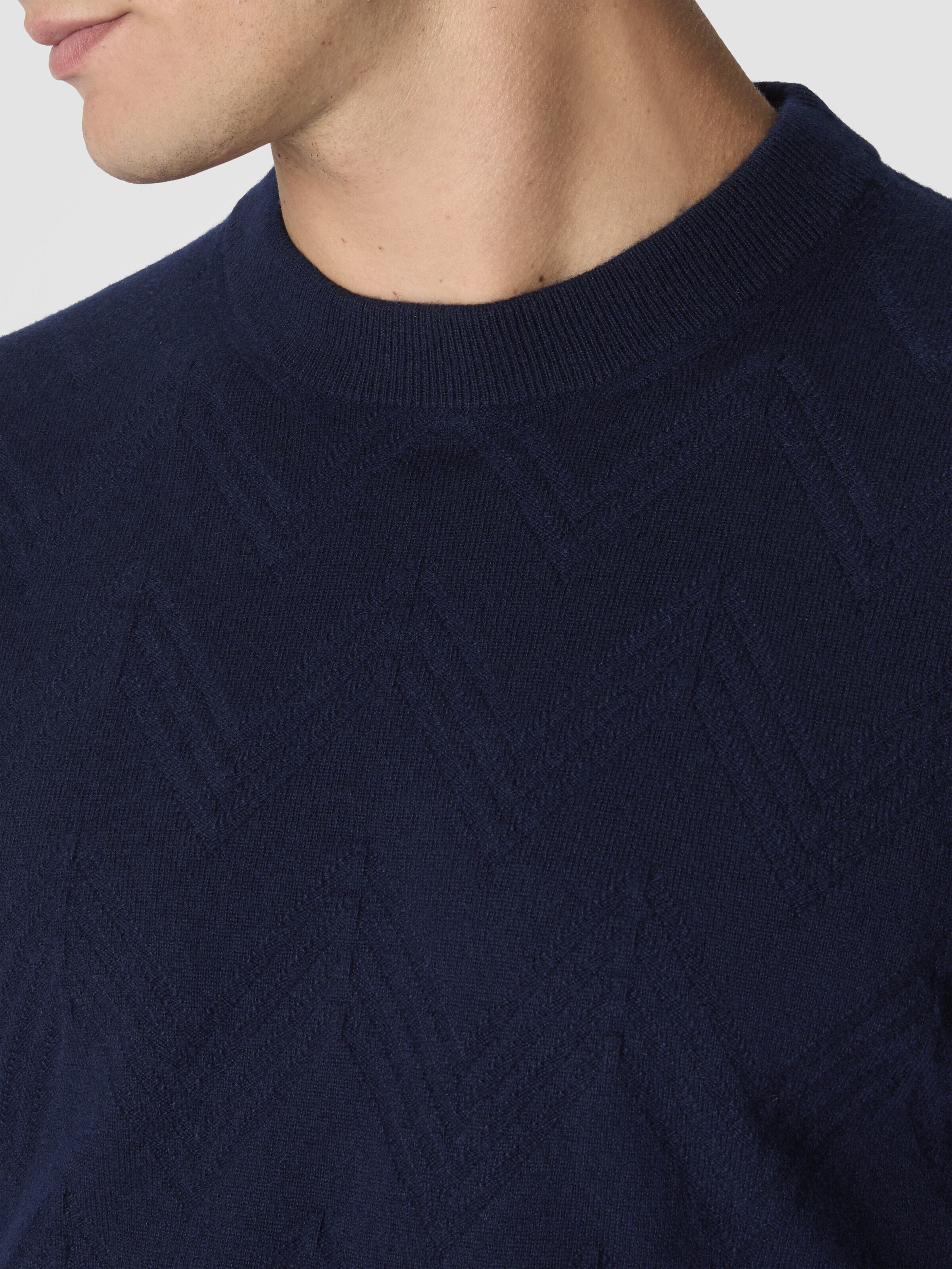 Crew Neck Sweater in Pure Cashmere with Chevron Pattern, Blue - 4