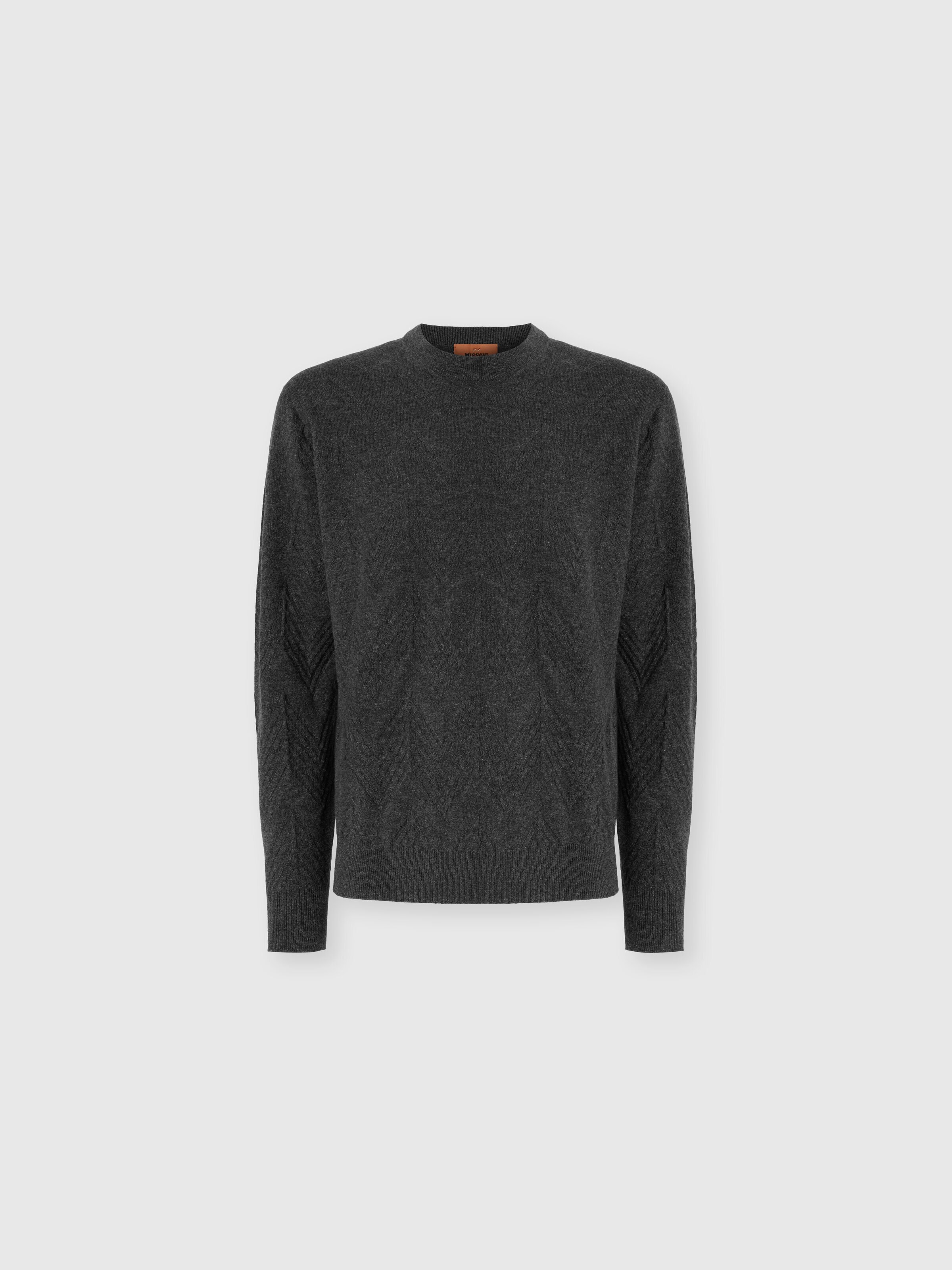 Crew Neck Sweater in Pure Cashmere with Chevron Pattern, Grey - 0