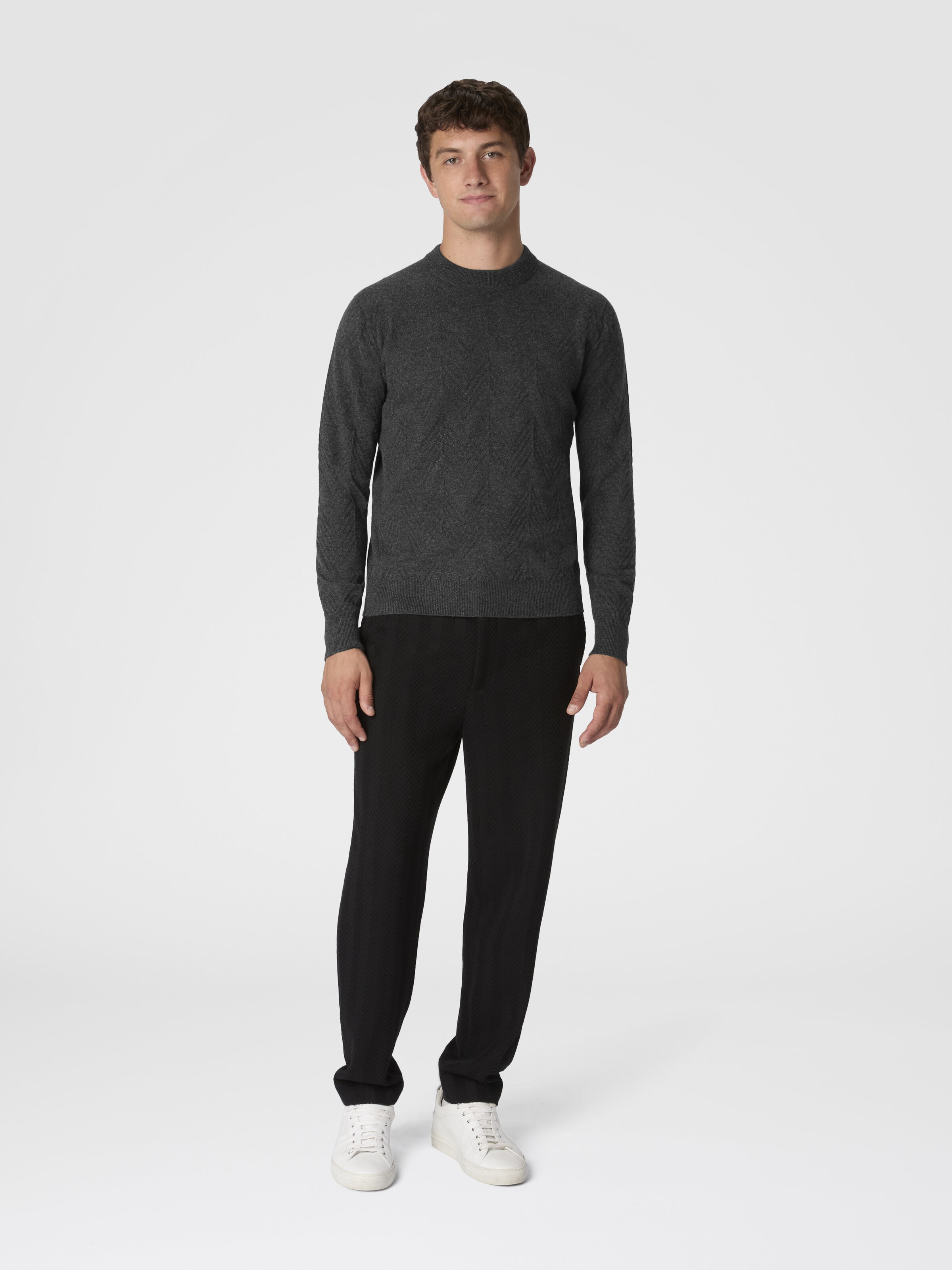 Crew Neck Sweater in Pure Cashmere with Chevron Pattern, Grey - 1