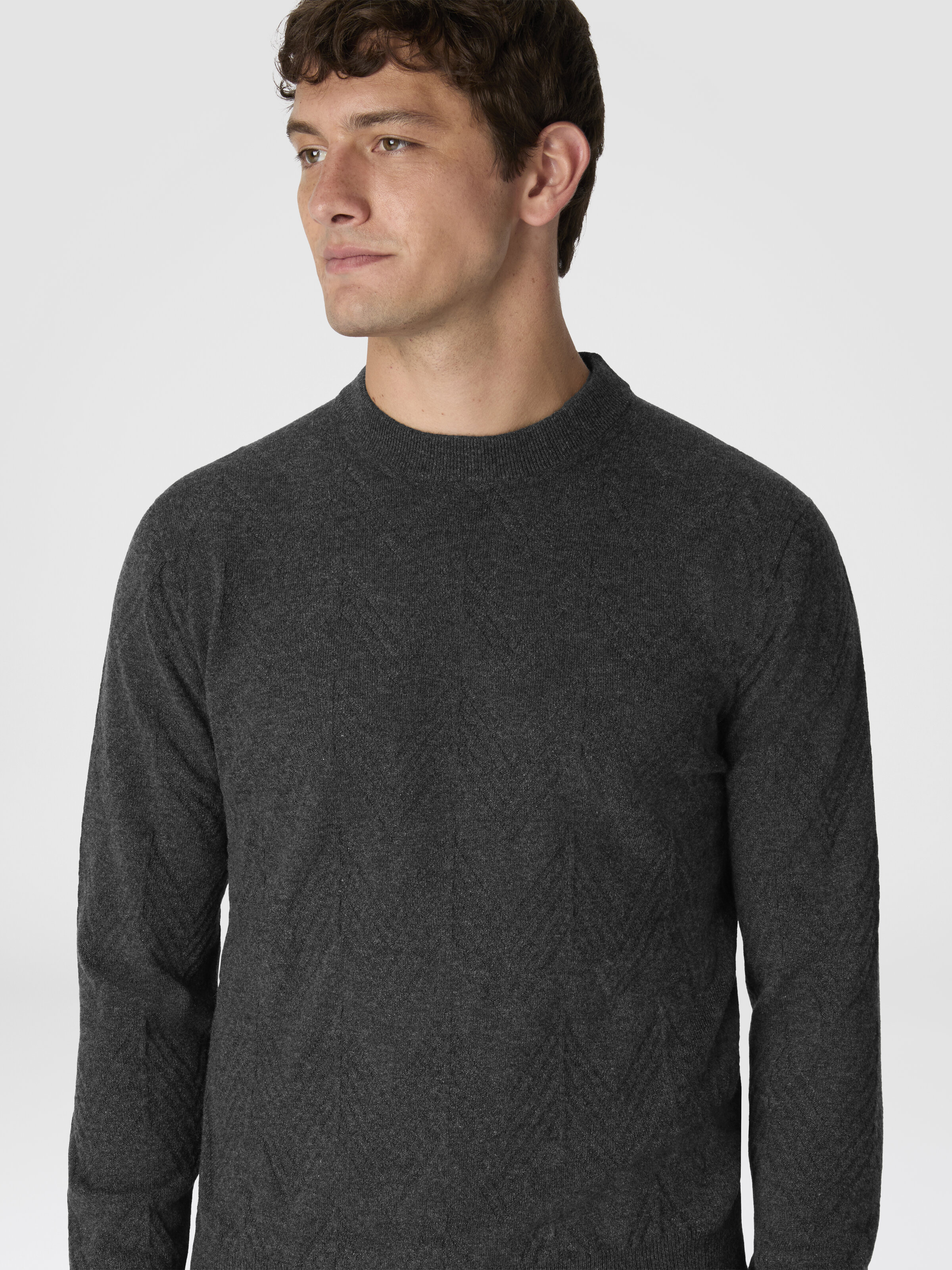 Crew Neck Sweater in Pure Cashmere with Chevron Pattern, Grey - 3