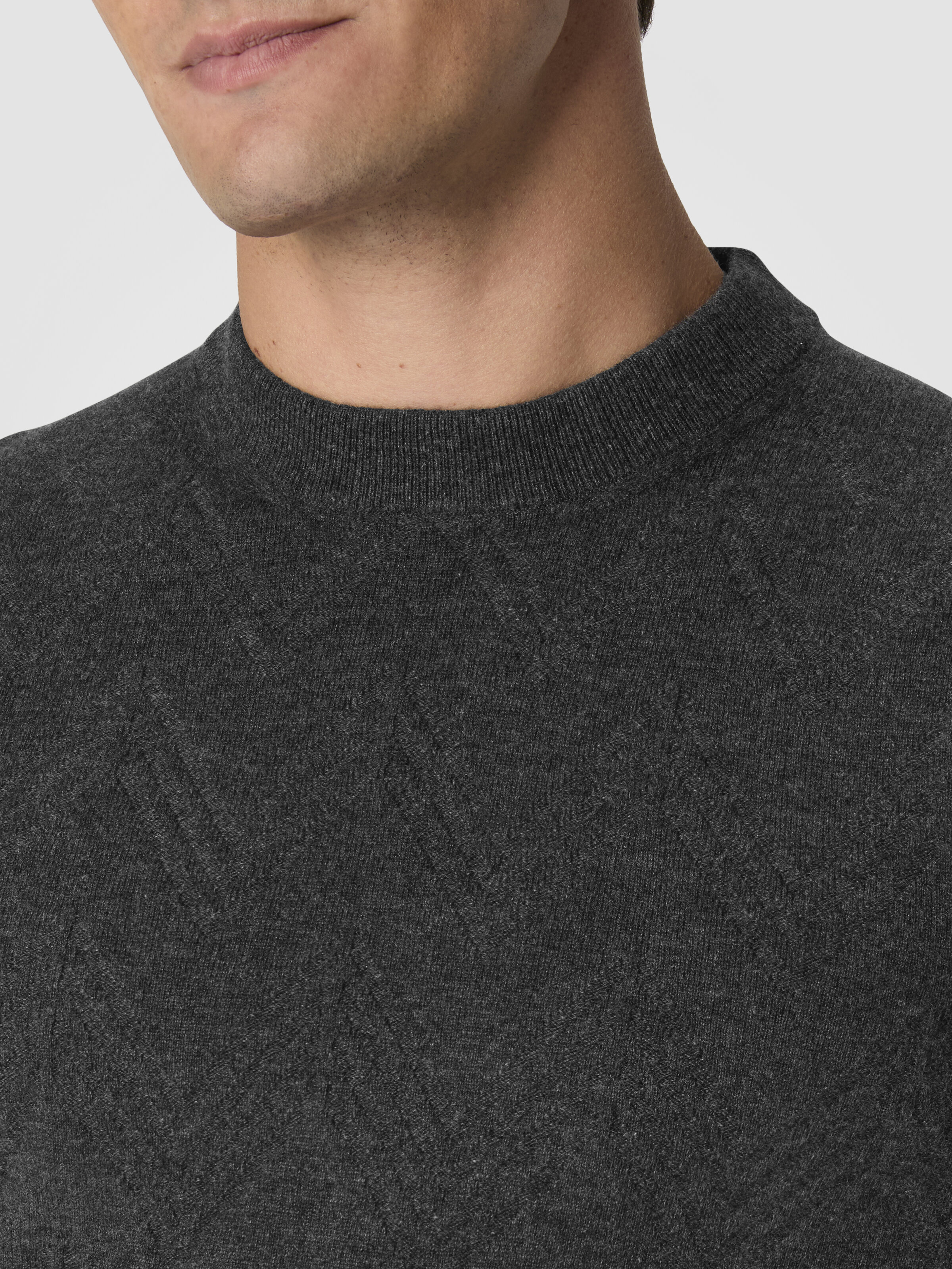 Crew Neck Sweater in Pure Cashmere with Chevron Pattern, Grey - 4