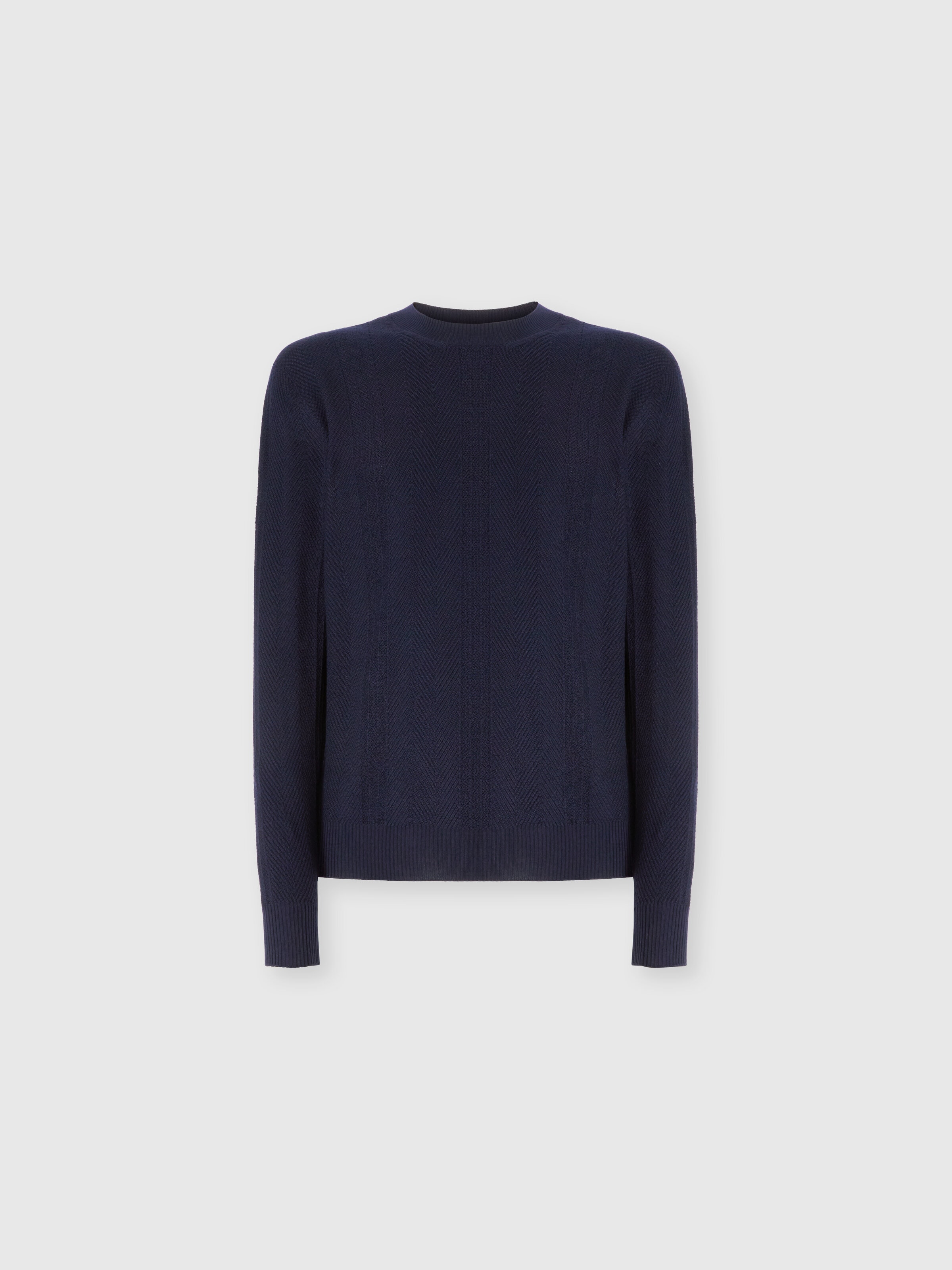 Crew Neck Sweater in Wool with Chevron Pattern, Navy Blue  - 0