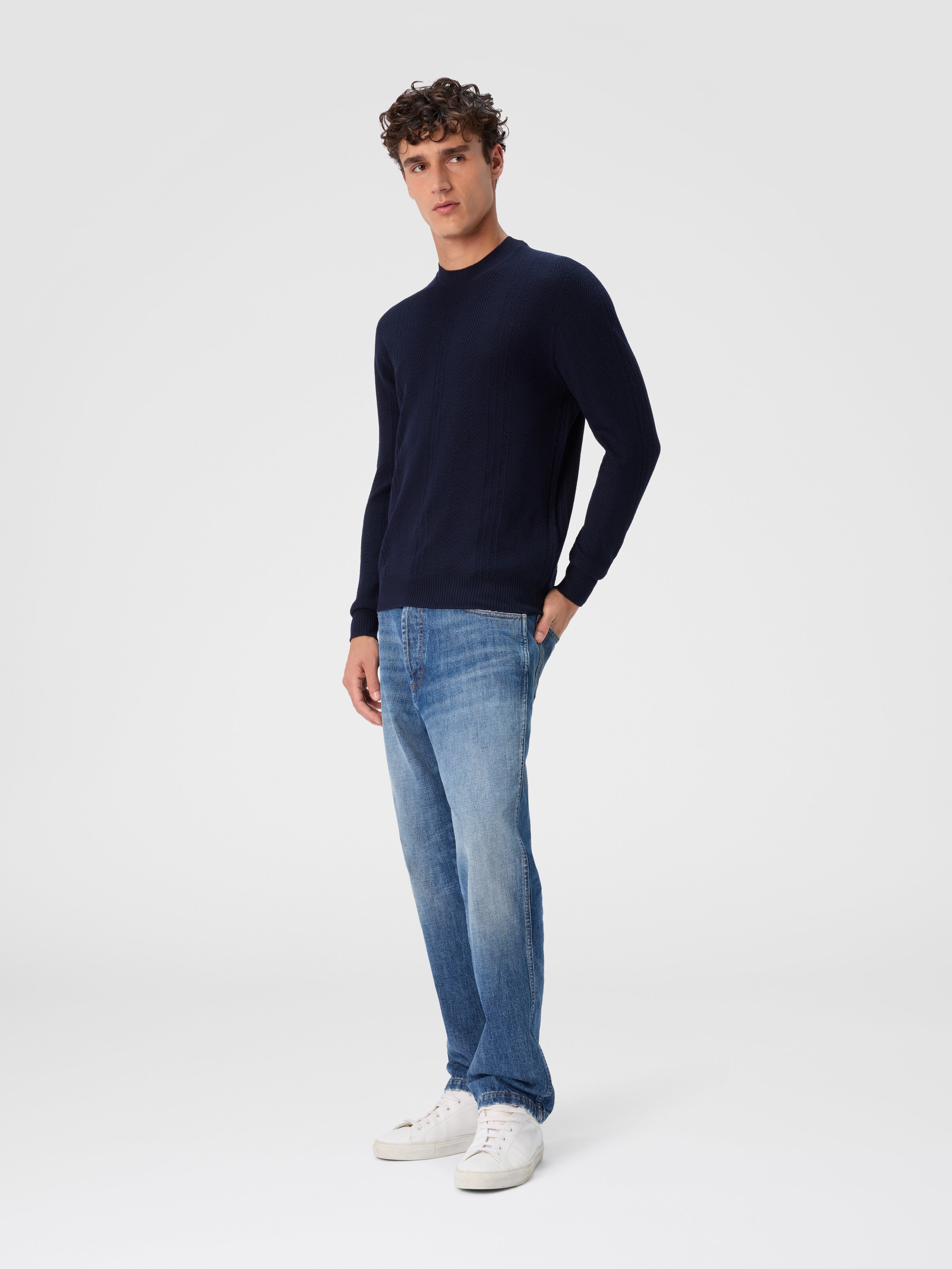 Crew Neck Sweater in Wool with Chevron Pattern, Navy Blue  - 1