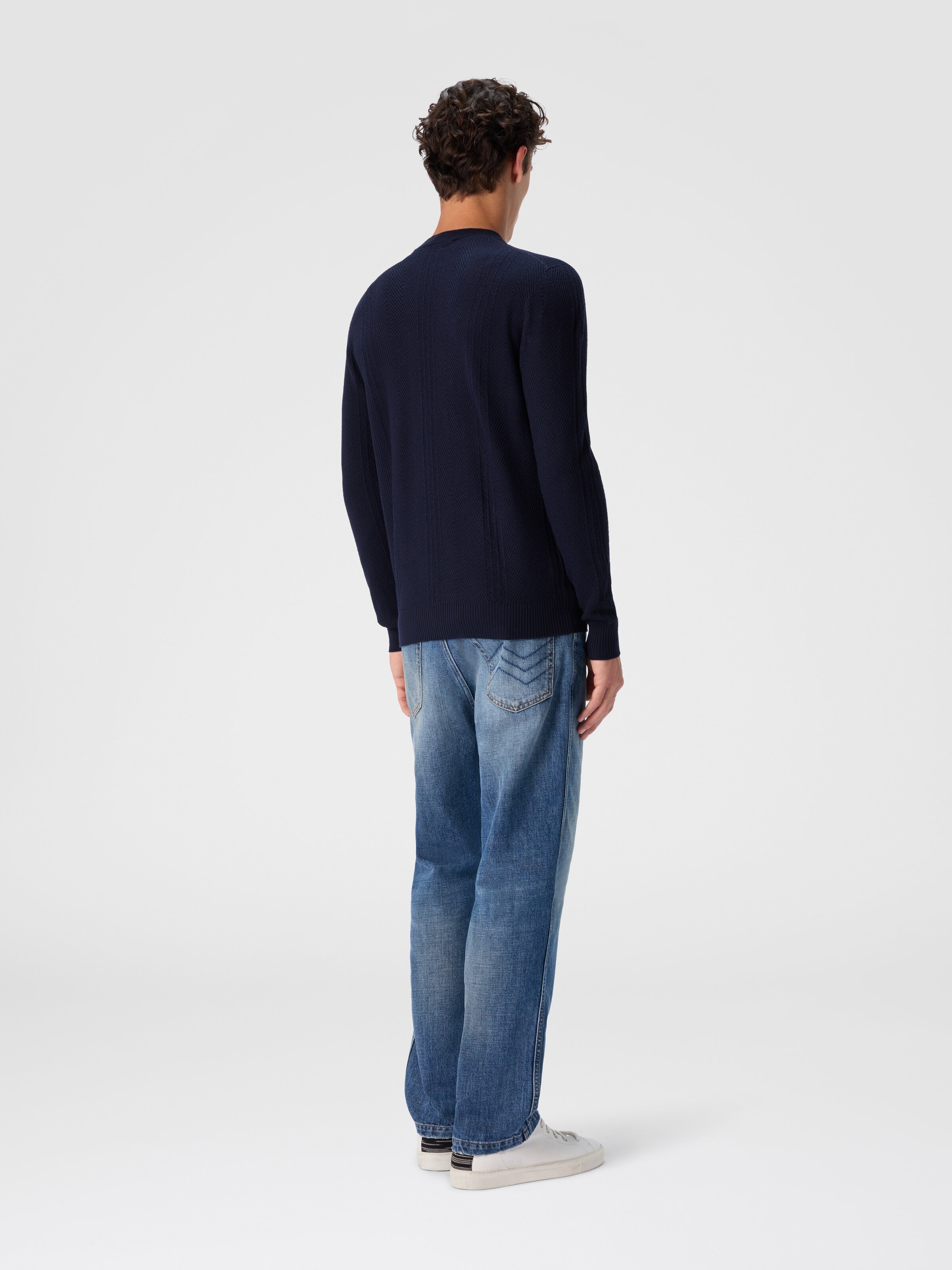 Crew Neck Sweater in Wool with Chevron Pattern, Navy Blue  - 2