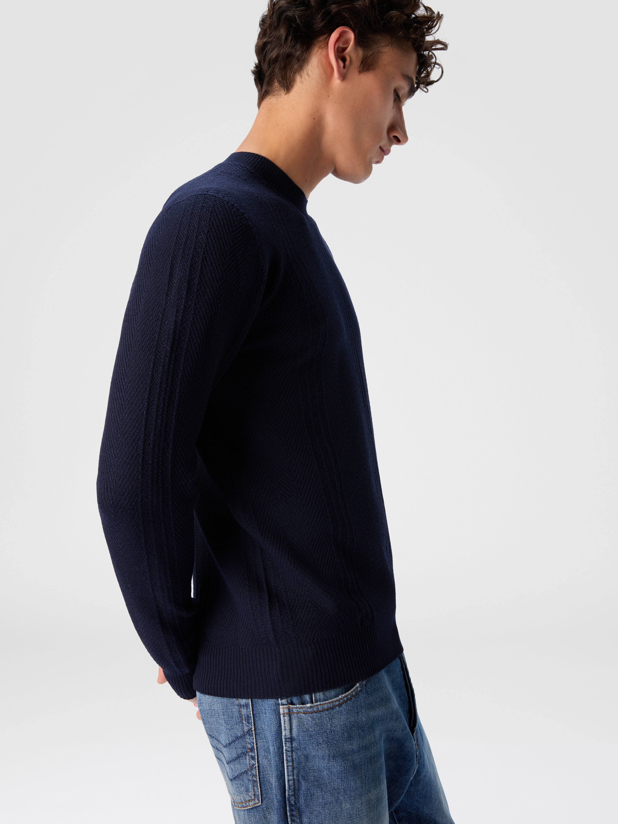 Crew Neck Sweater in Wool with Chevron Pattern, Navy Blue  - 3