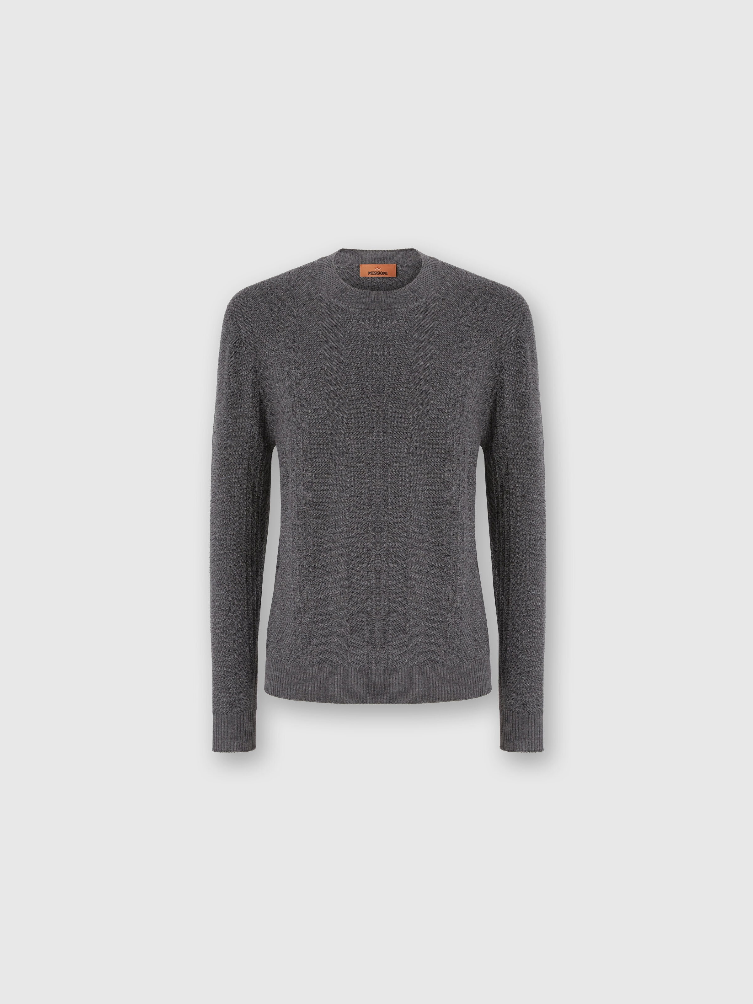 Crew Neck Sweater in Wool with Chevron Pattern, Grey - 0