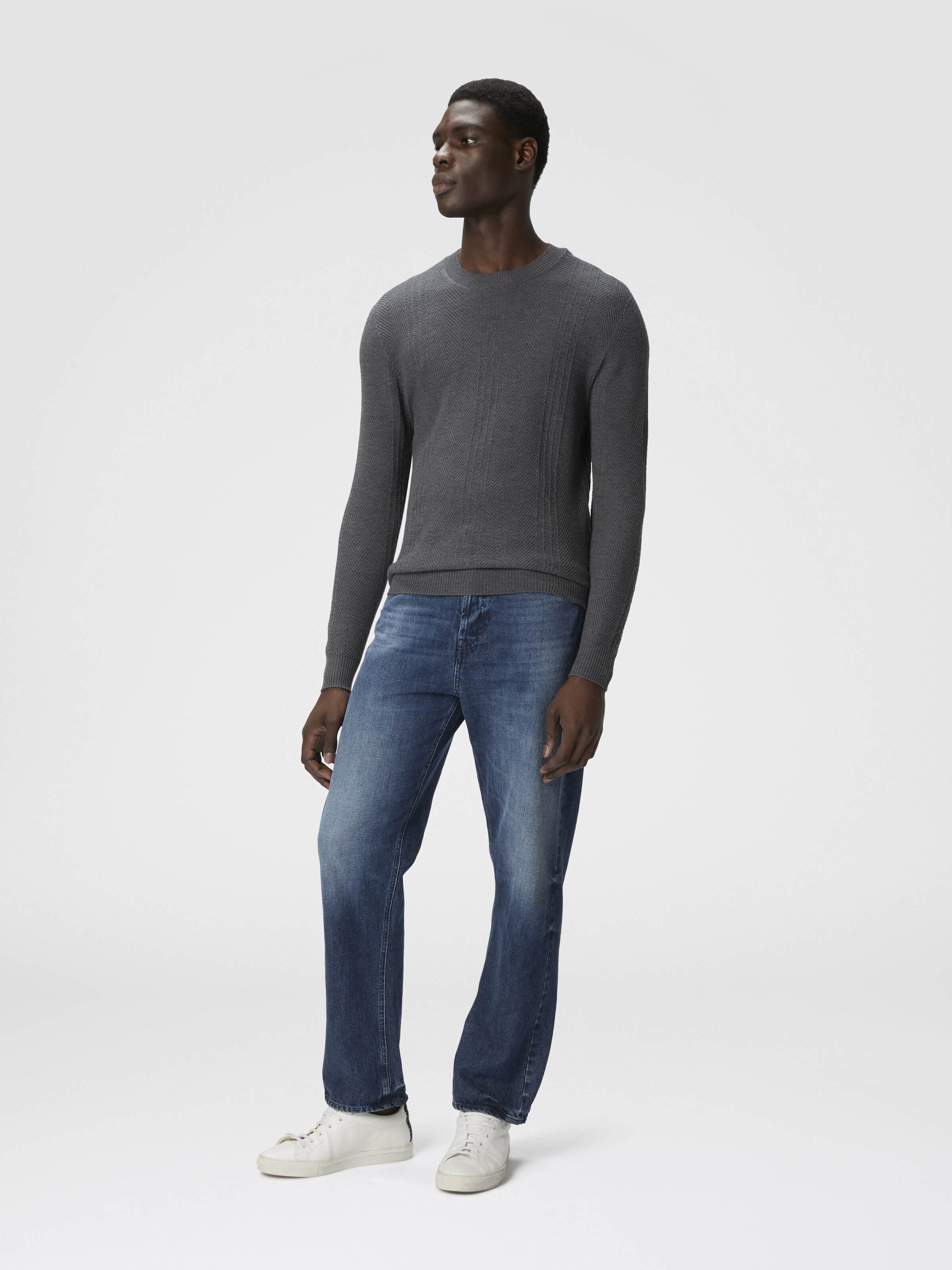 Crew Neck Sweater in Wool with Chevron Pattern, Grey - 1