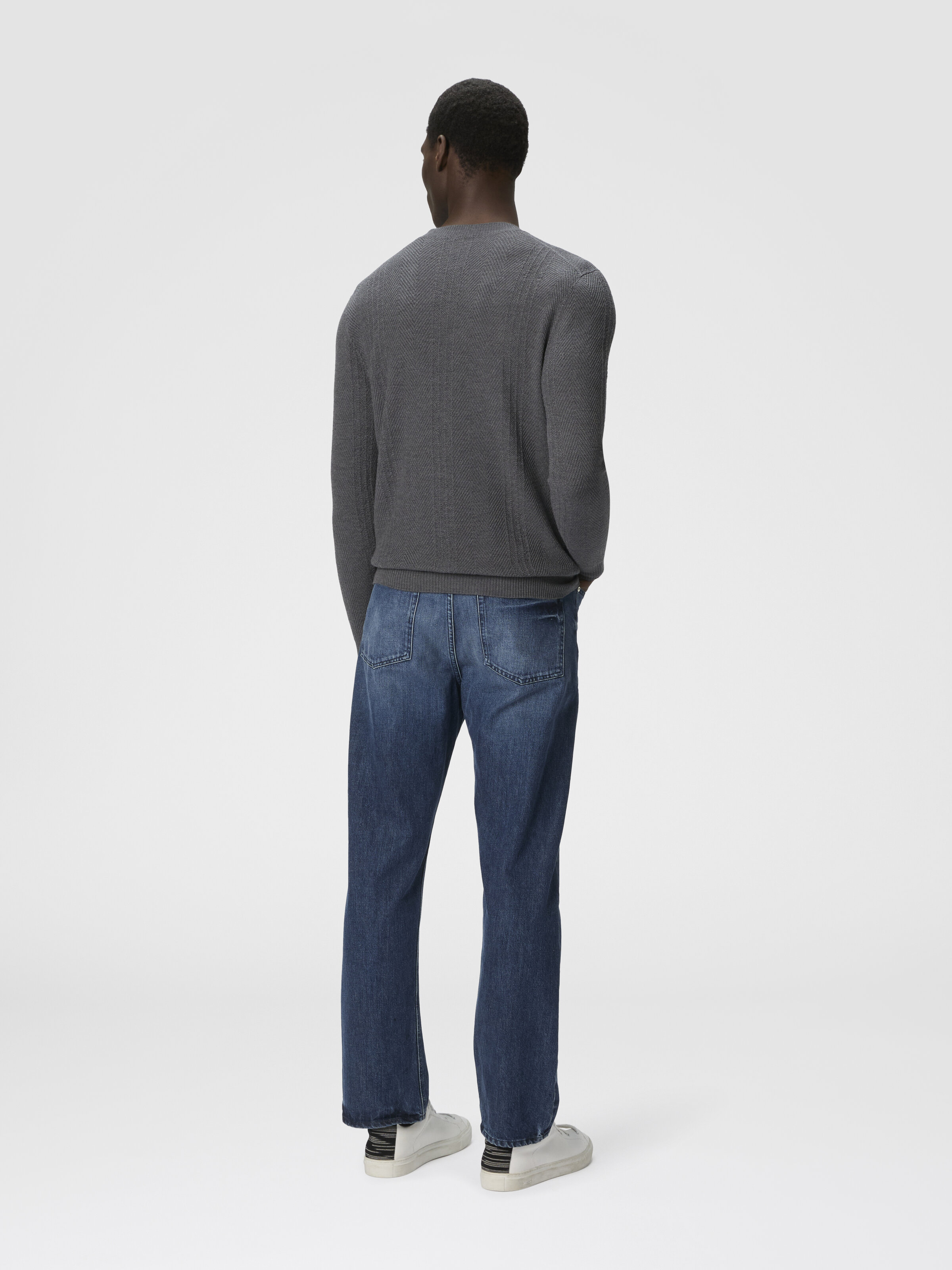 Crew Neck Sweater in Wool with Chevron Pattern, Grey - 2