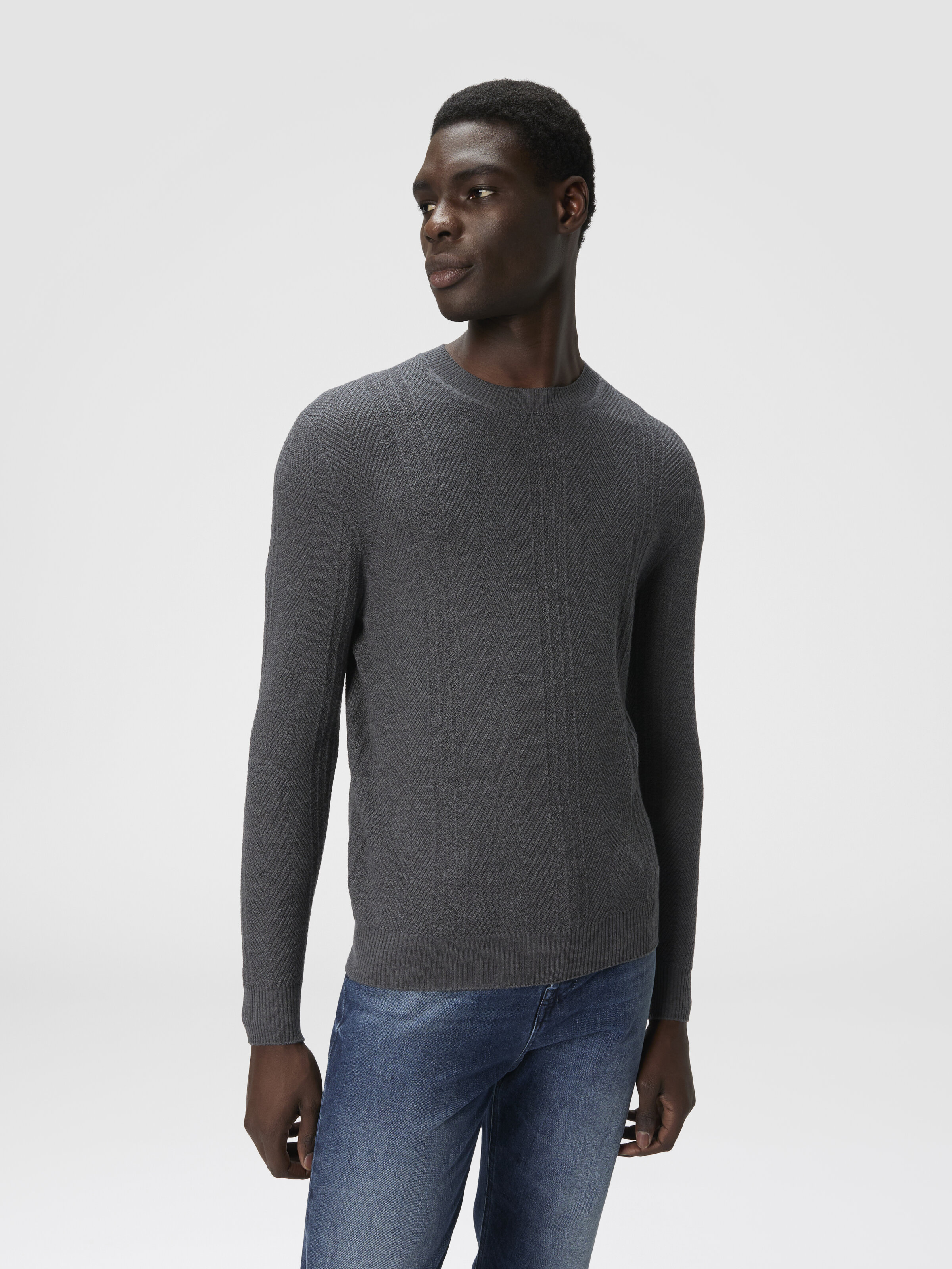 Crew Neck Sweater in Wool with Chevron Pattern, Grey - 3
