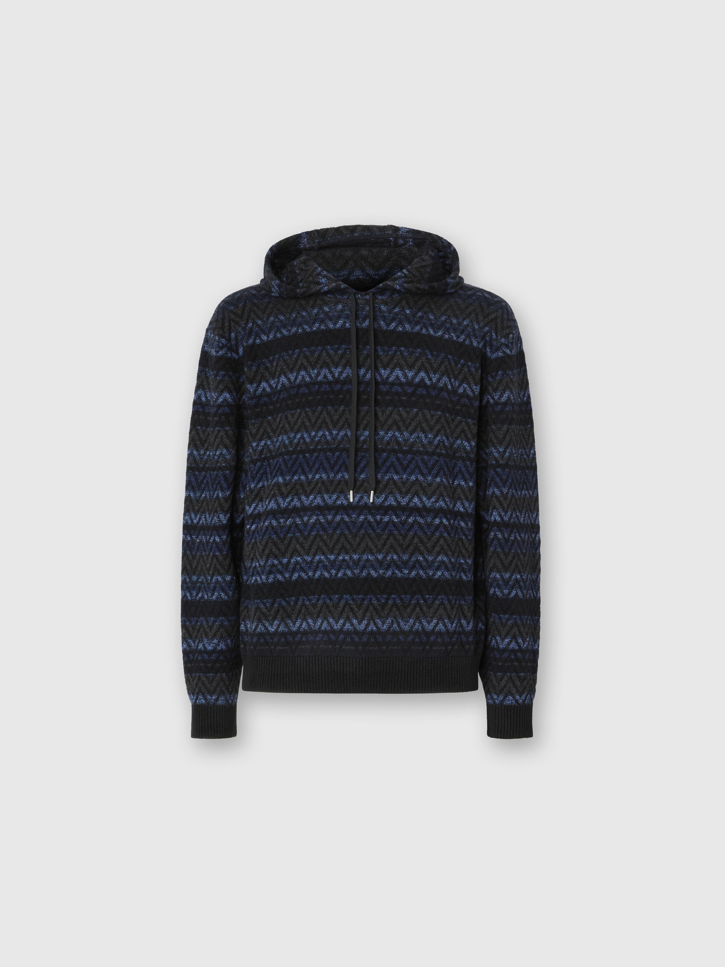 Hooded Sweater in Wool Blend with Zigzag Pattern, Black & Blue - 0