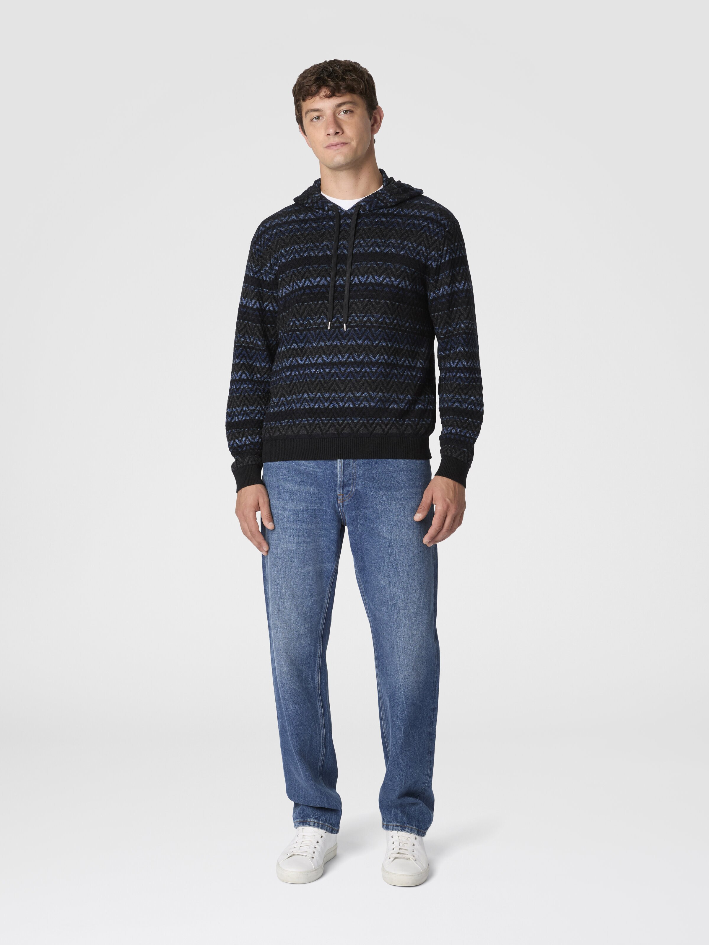 Hooded Sweater in Wool Blend with Zigzag Pattern, Black & Blue - 1