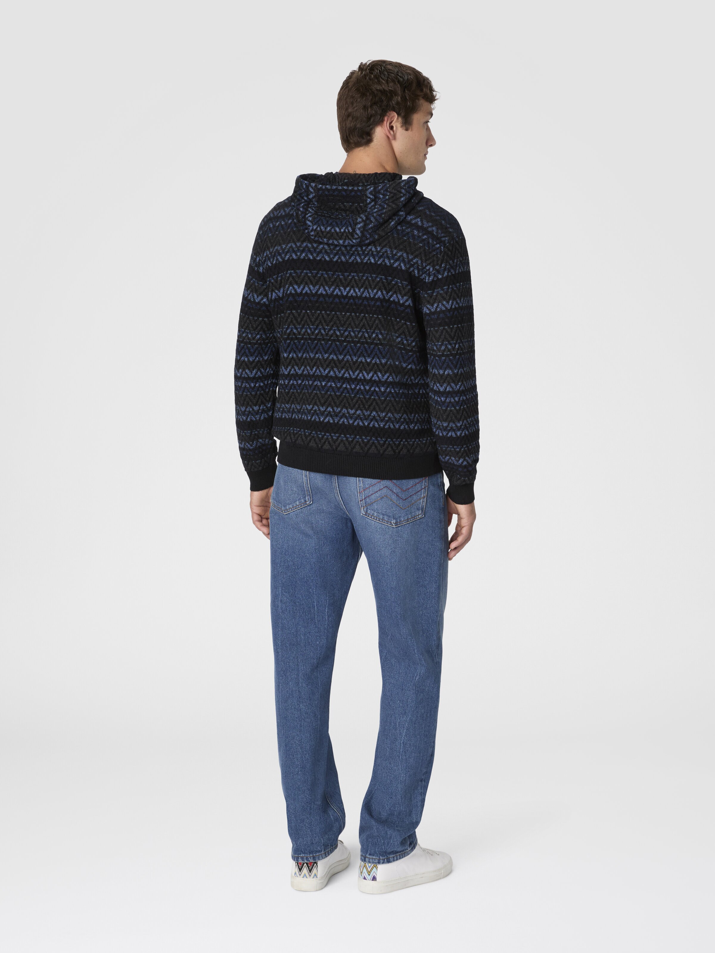 Hooded Sweater in Wool Blend with Zigzag Pattern, Black & Blue - 2
