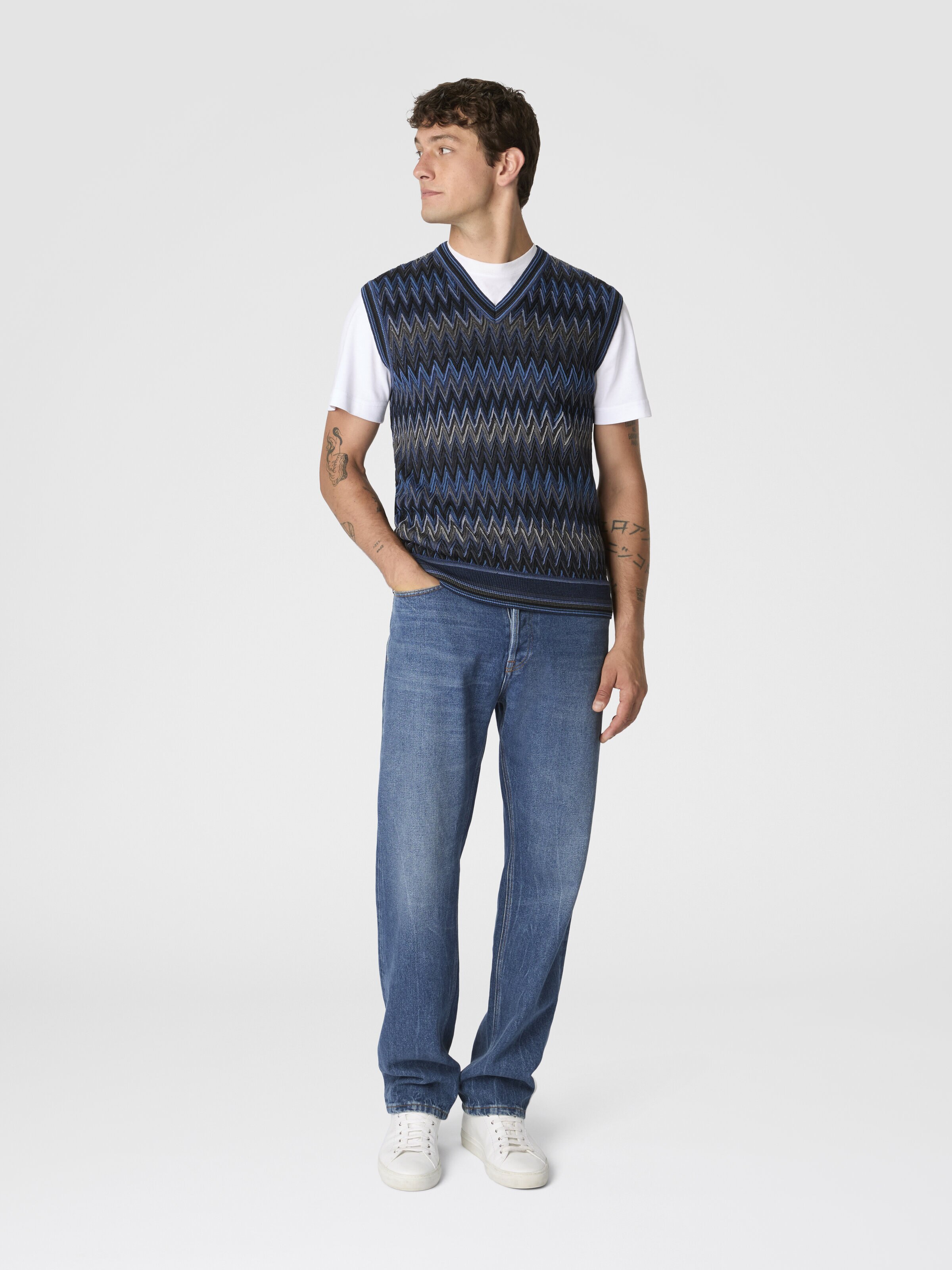 V-Neck Vest with Zigzag Pattern, Blue & Grey - 1