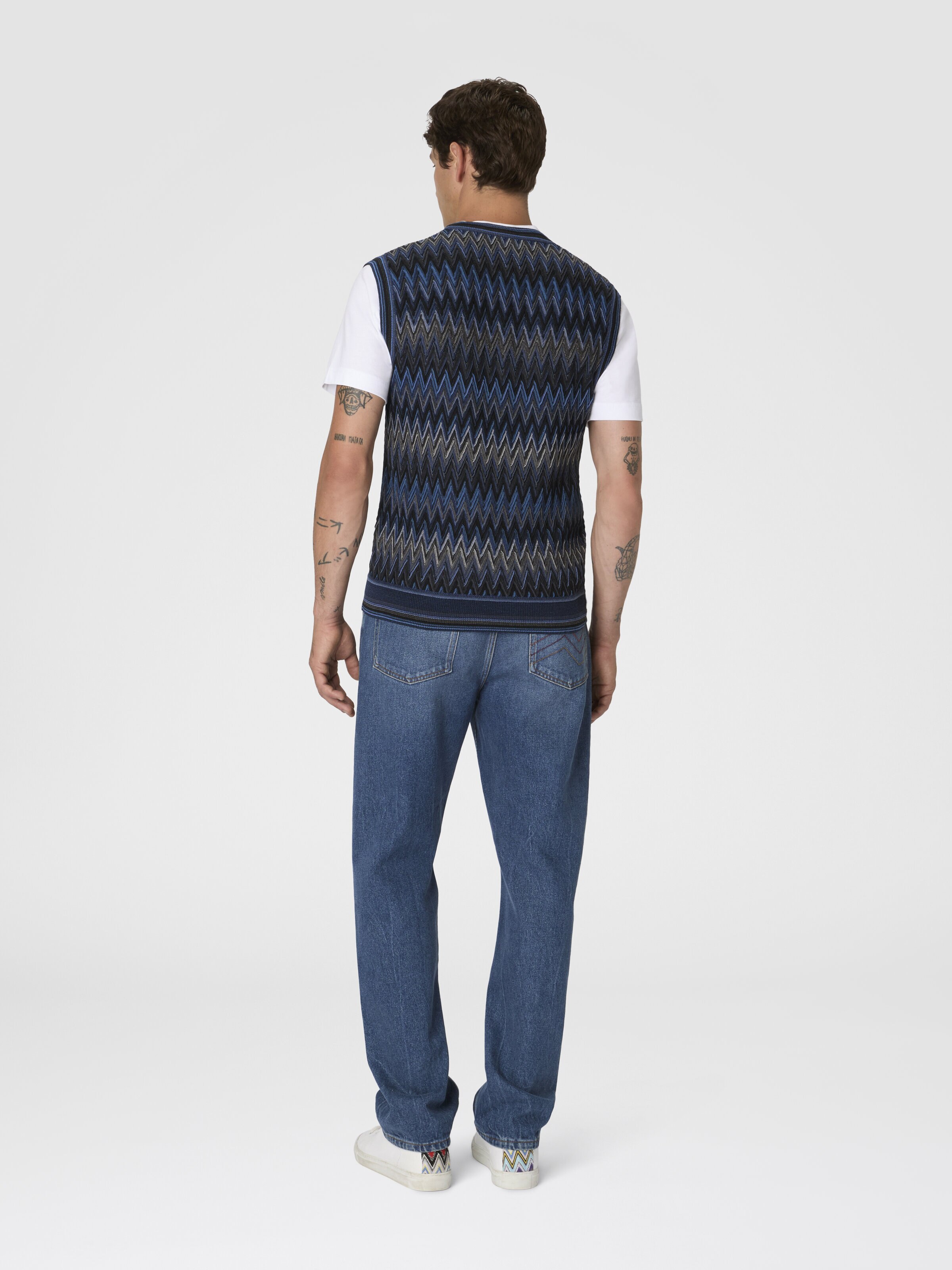 V-Neck Vest with Zigzag Pattern, Blue & Grey - 2