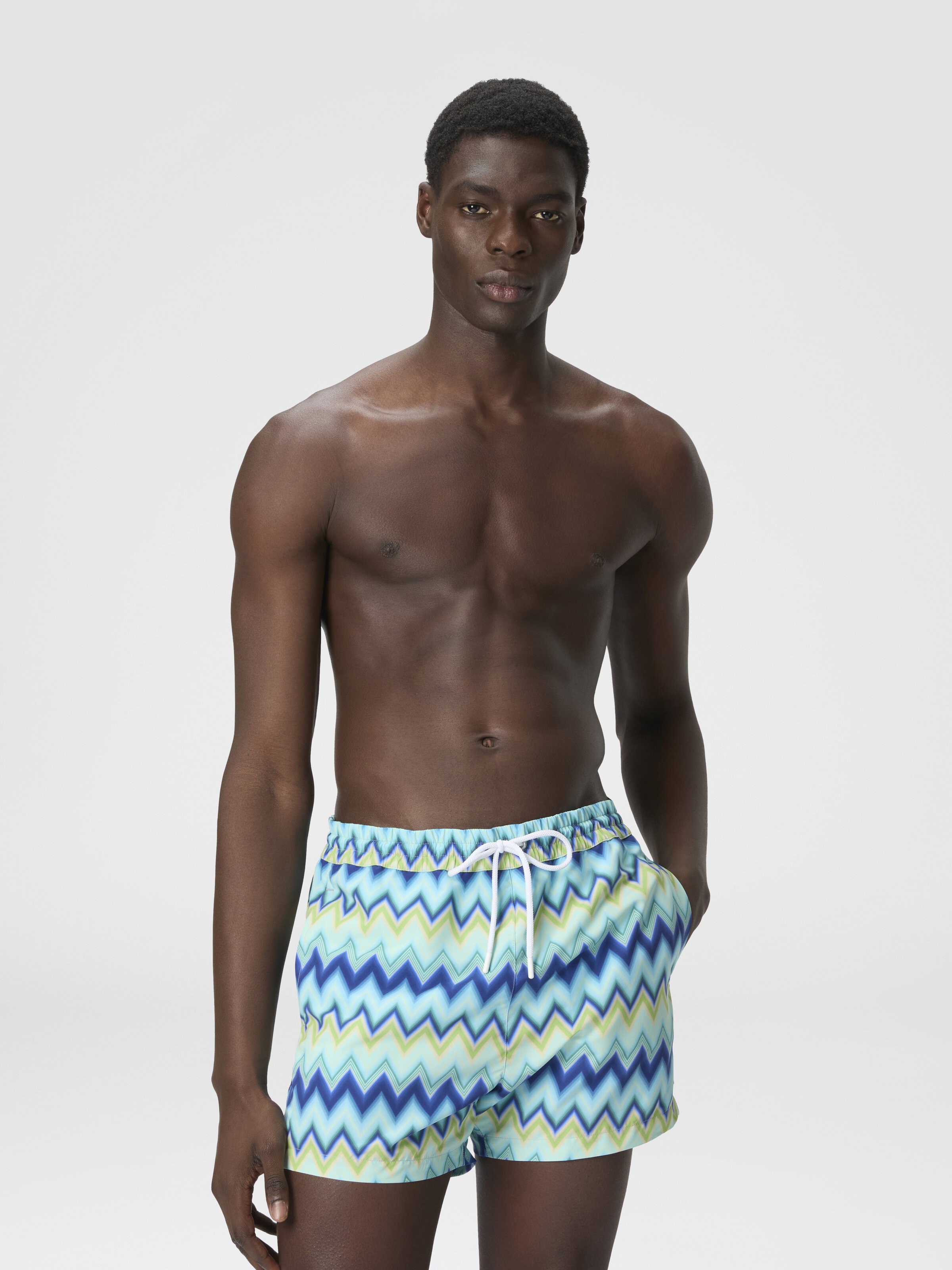 Nylon Swimsuit with Zigzag Print, Blue & Green - 1