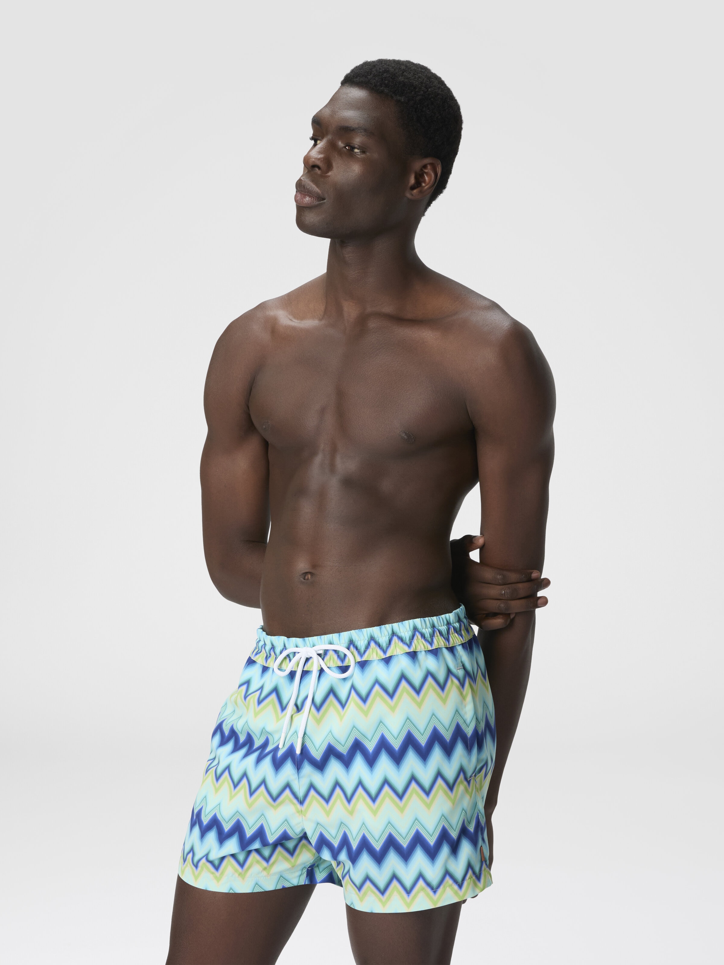 Nylon Swimsuit with Zigzag Print, Blue & Green - 3