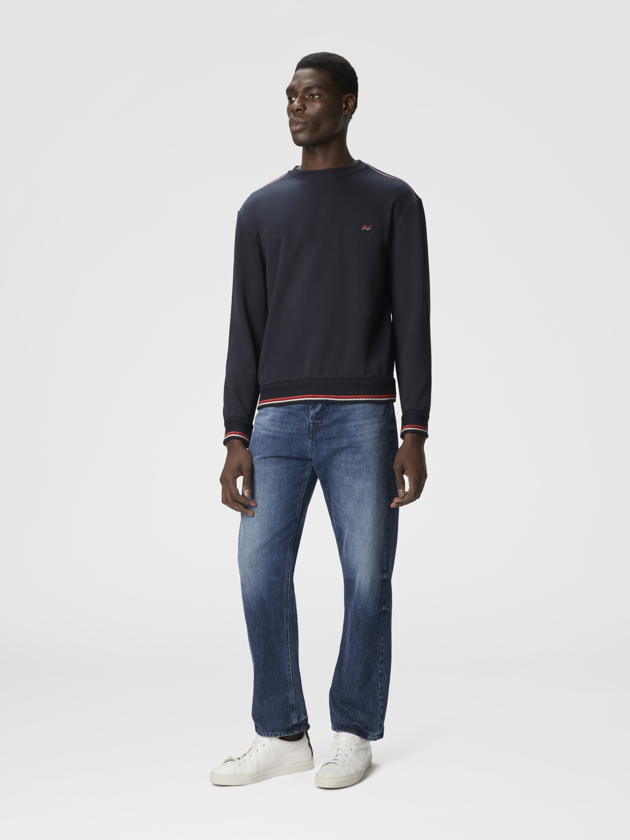 Crew Neck Sweatshirt with Knit Embroidery and Logo, Blue - 1