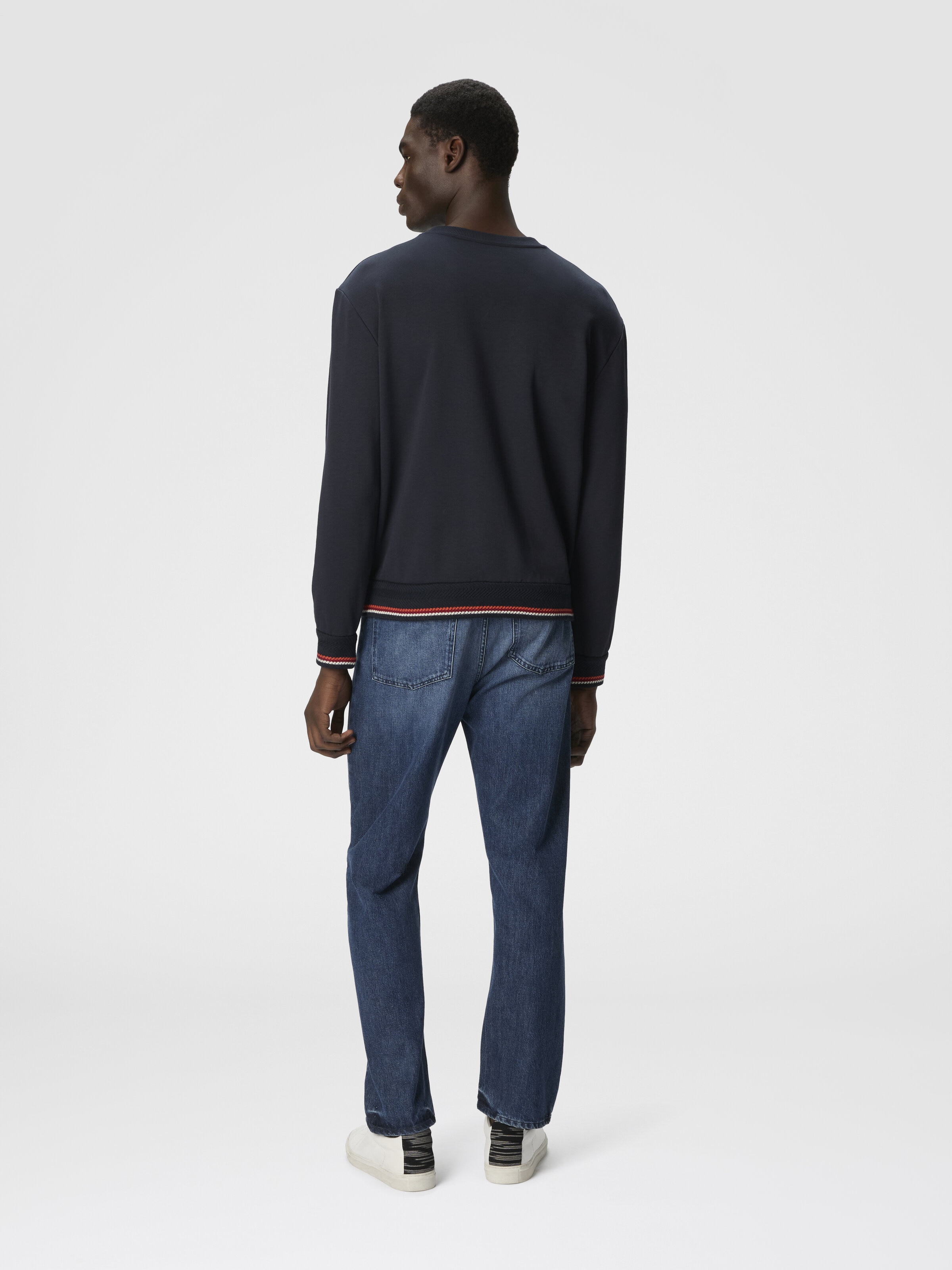 Crew Neck Sweatshirt with Knit Embroidery and Logo, Blue - 2