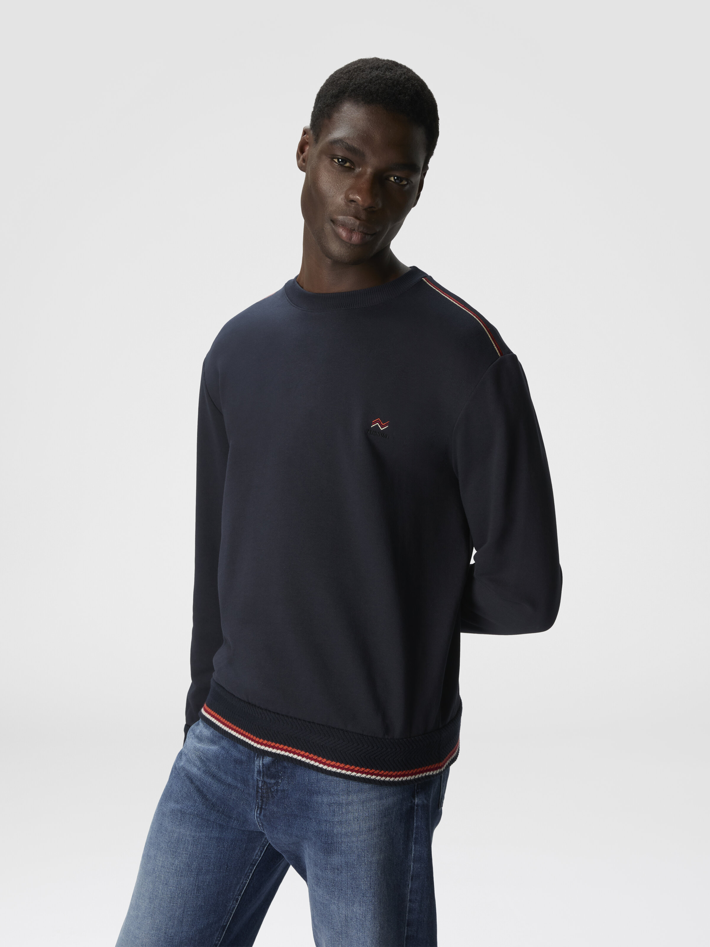 Crew Neck Sweatshirt with Knit Embroidery and Logo, Blue - 3
