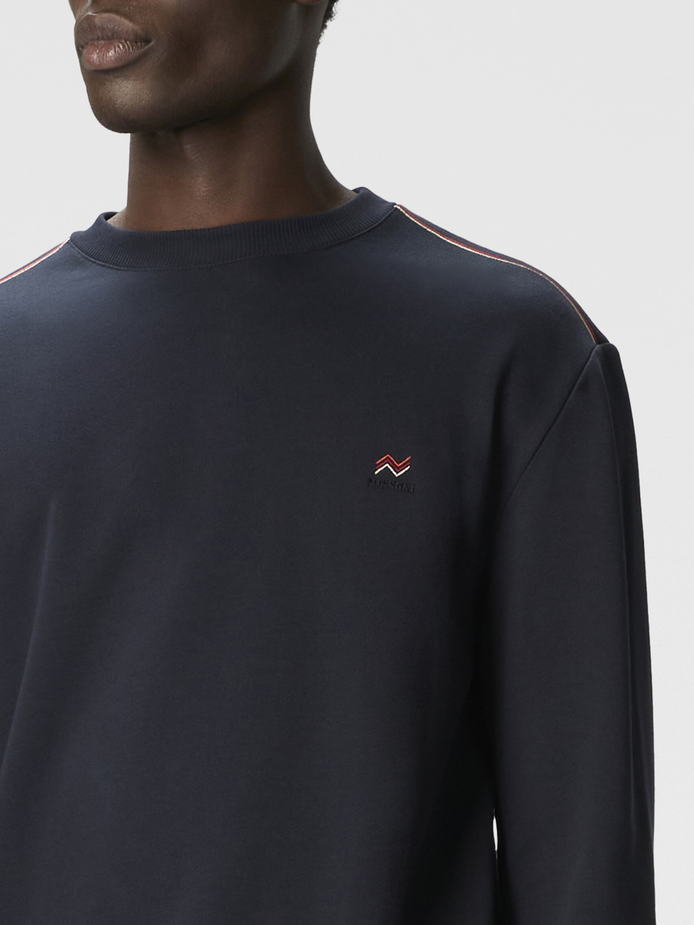 Crew Neck Sweatshirt with Knit Embroidery and Logo, Blue - 4