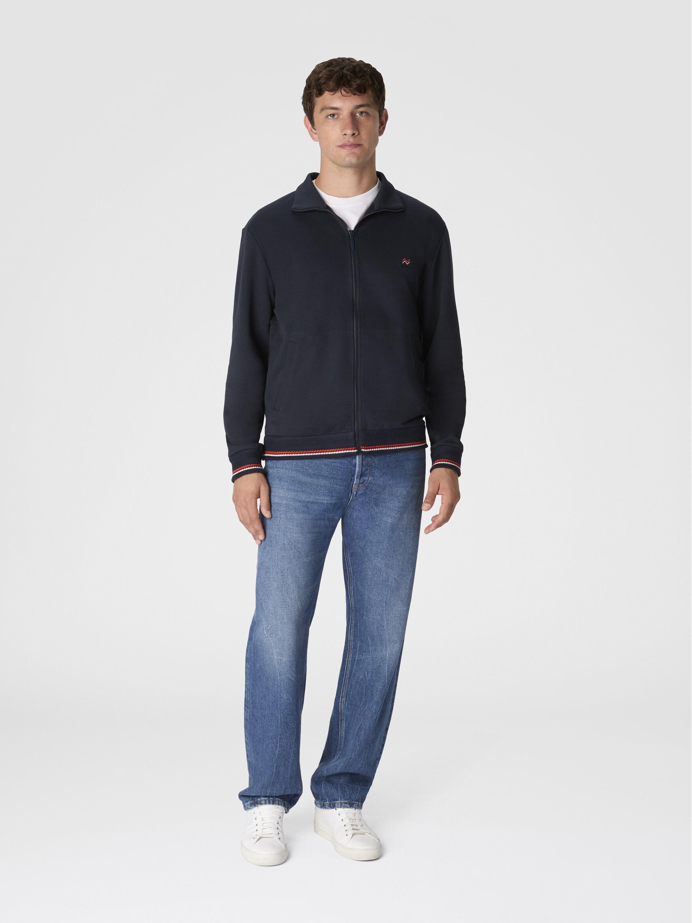Felpa aperta collo alto con zip  con ricami in maglia e logo, Blu - 1