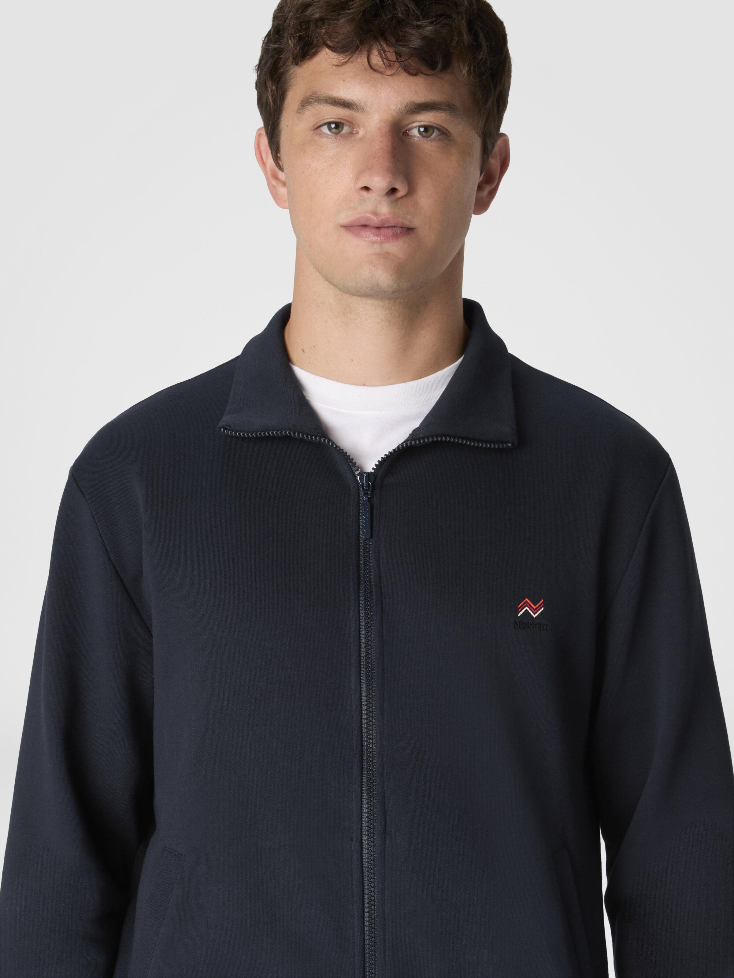 Felpa aperta collo alto con zip  con ricami in maglia e logo, Blu - 3