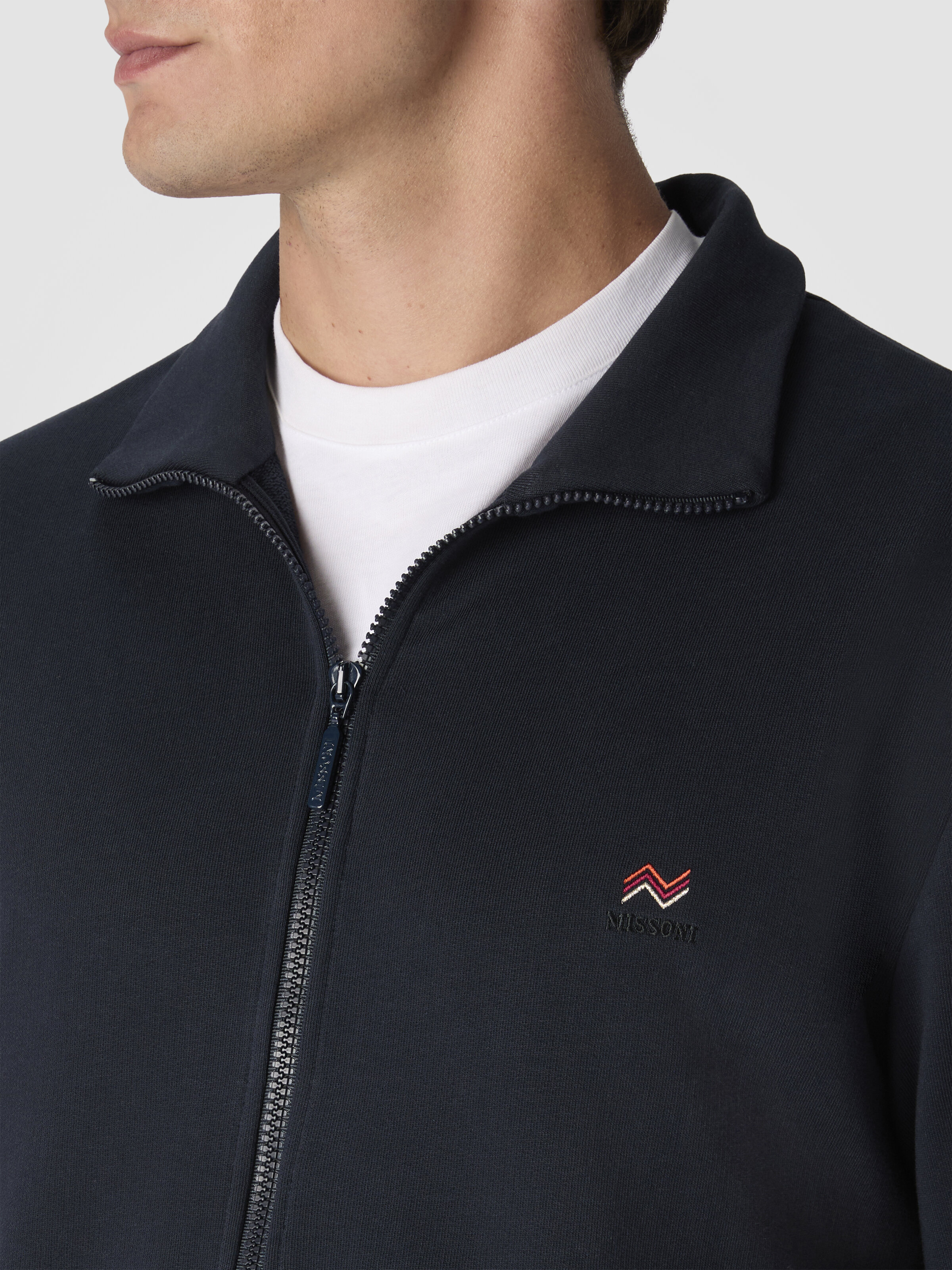 Felpa aperta collo alto con zip  con ricami in maglia e logo, Blu - 4