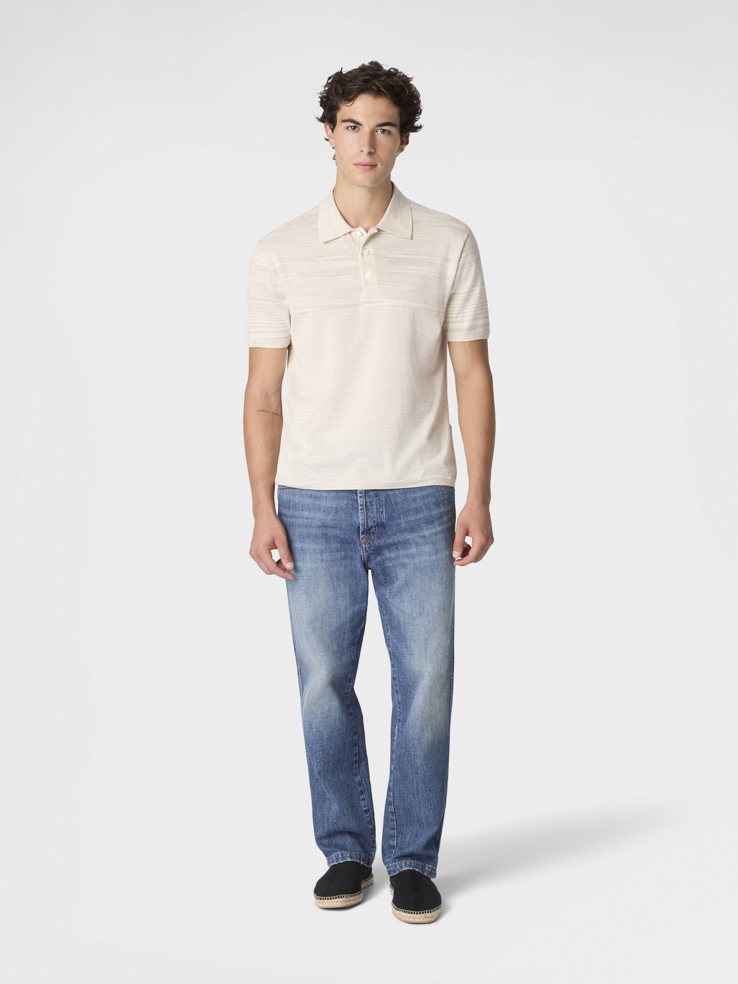 Flamed mercerized cotton polo shirt, Beige& White  - 1