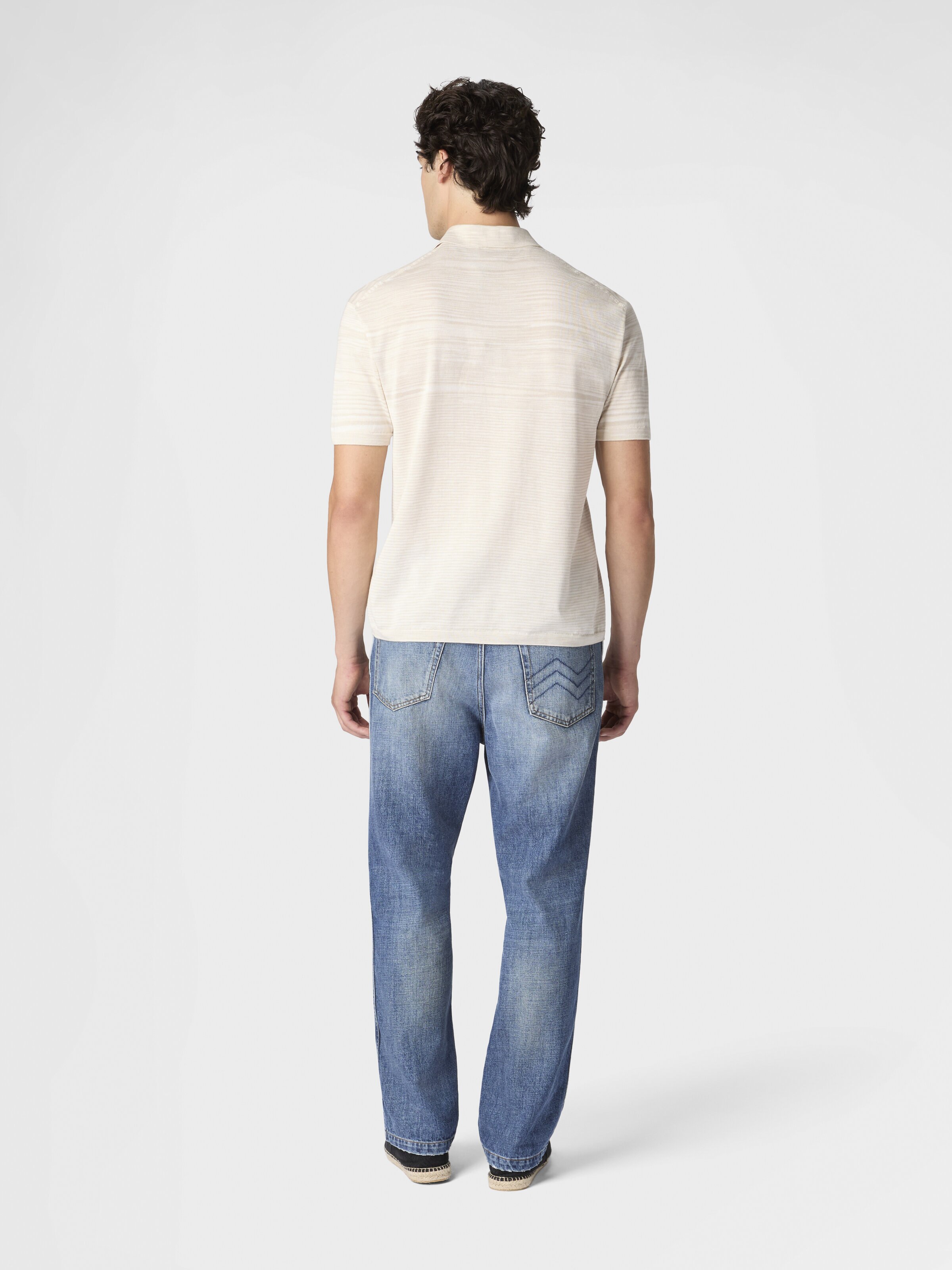 Flamed mercerized cotton polo shirt, Beige& White  - 2