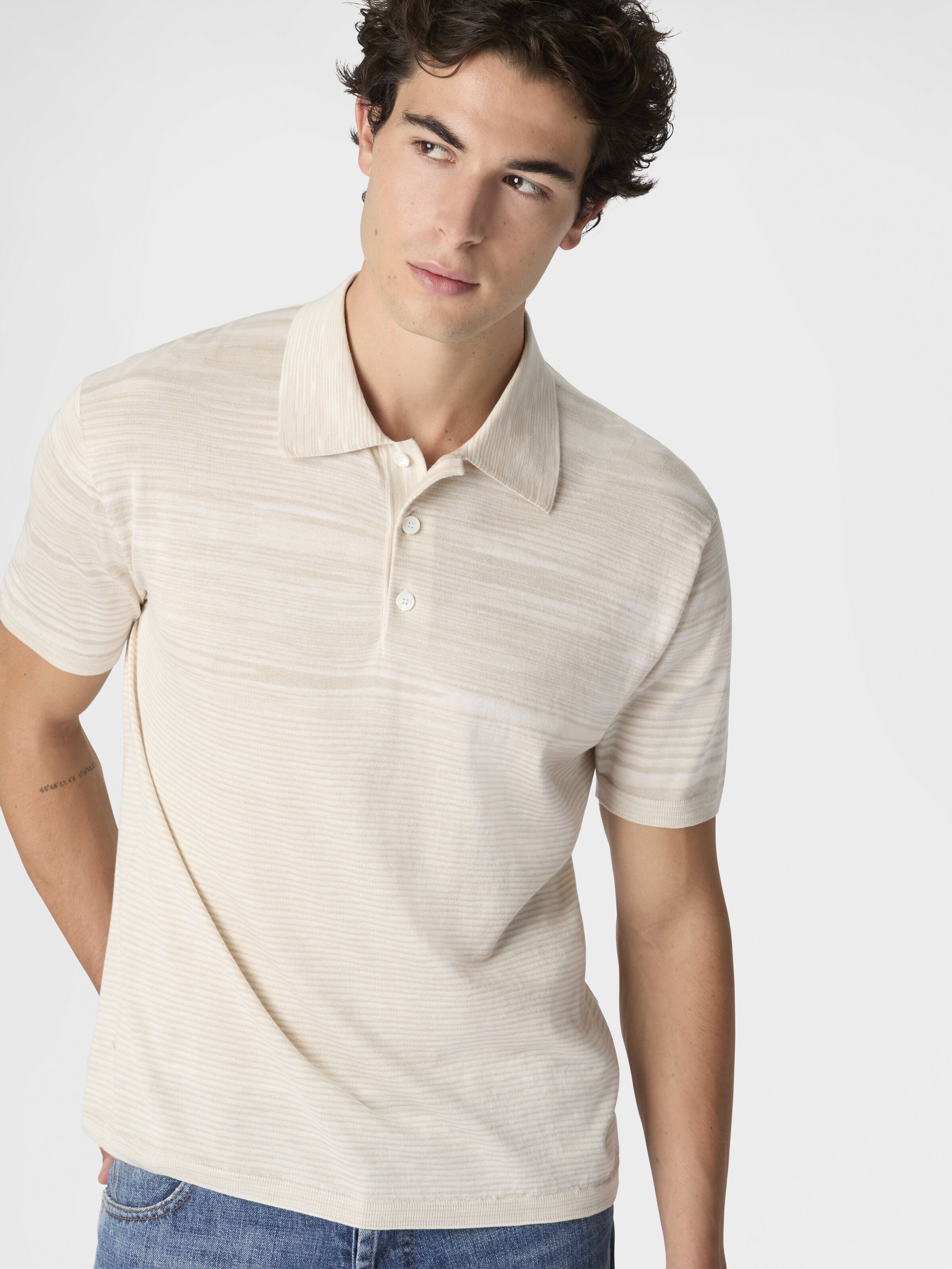 Flamed mercerized cotton polo shirt, Beige& White  - 3