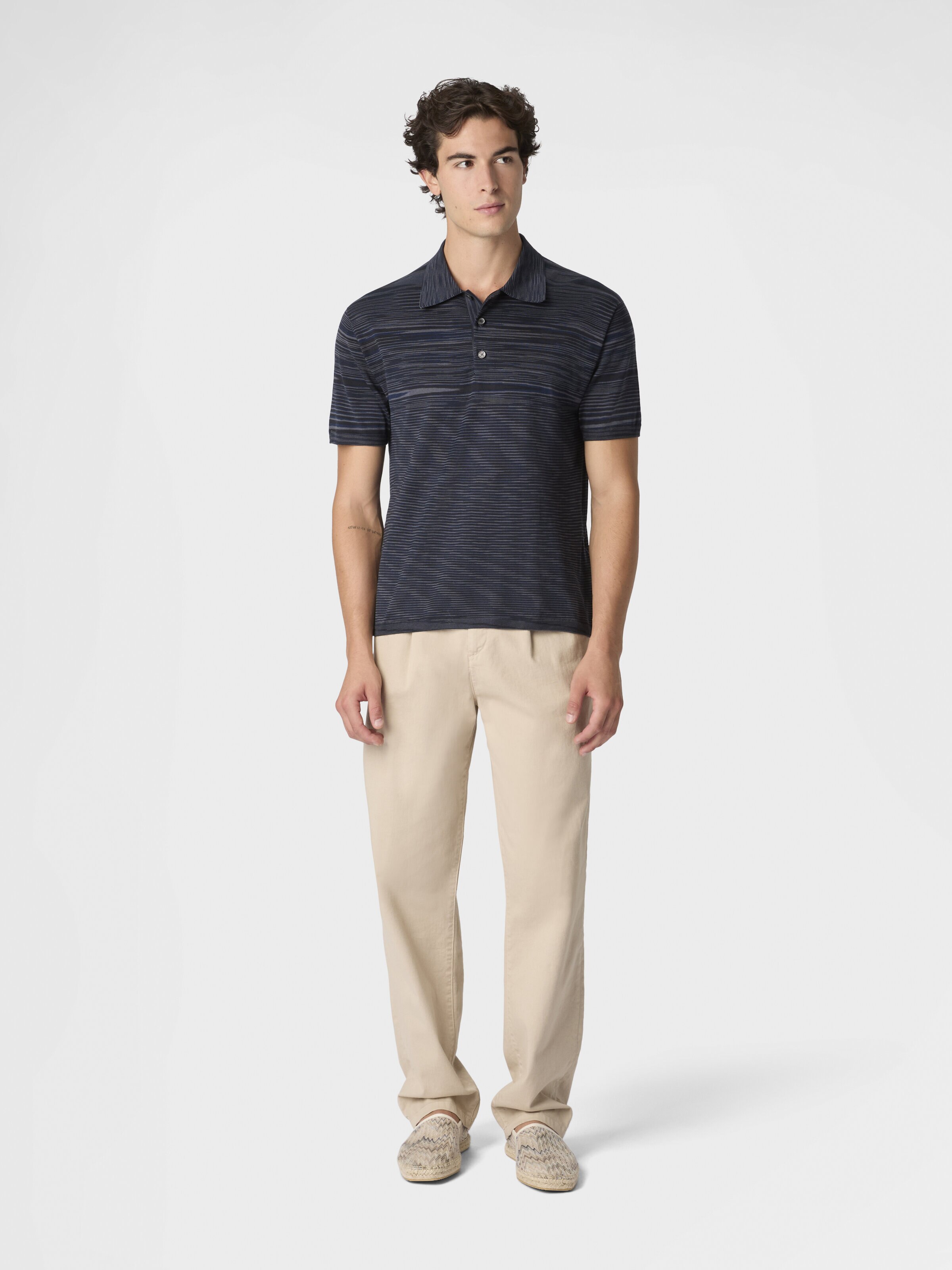 Flamed mercerized cotton polo shirt, Beige& White  - 1