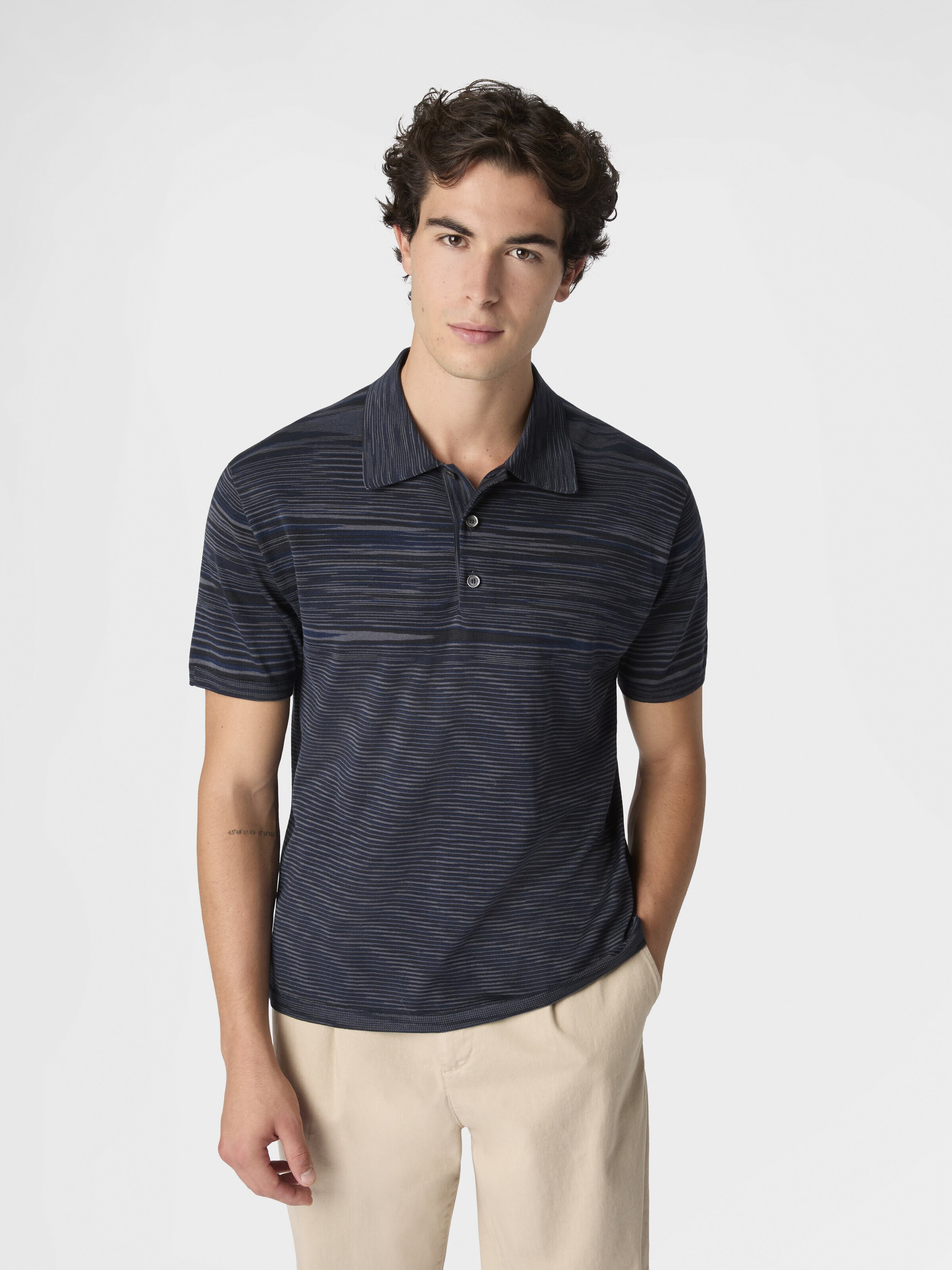 Flamed mercerized cotton polo shirt, Beige& White  - 3