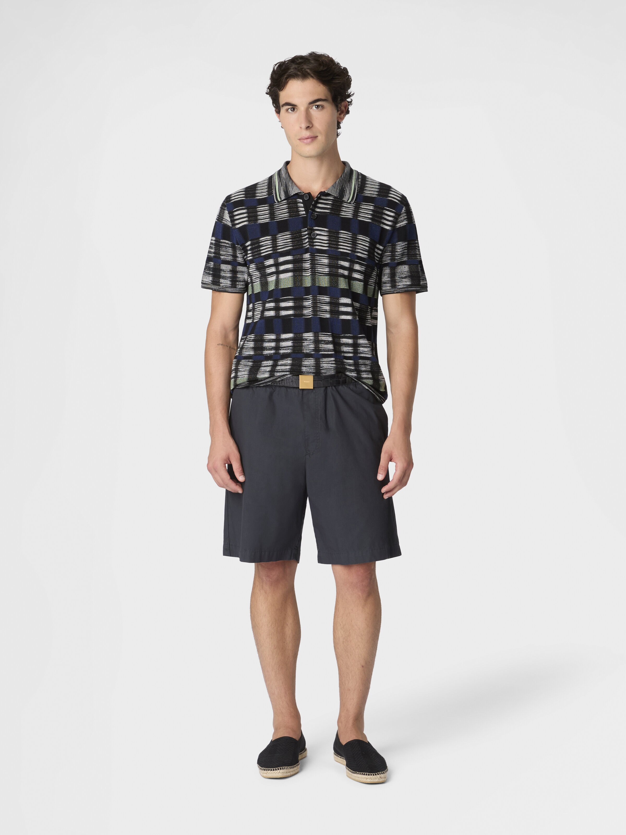 Cotton and viscose polo shirt with check pattern, Beige& White  - 1