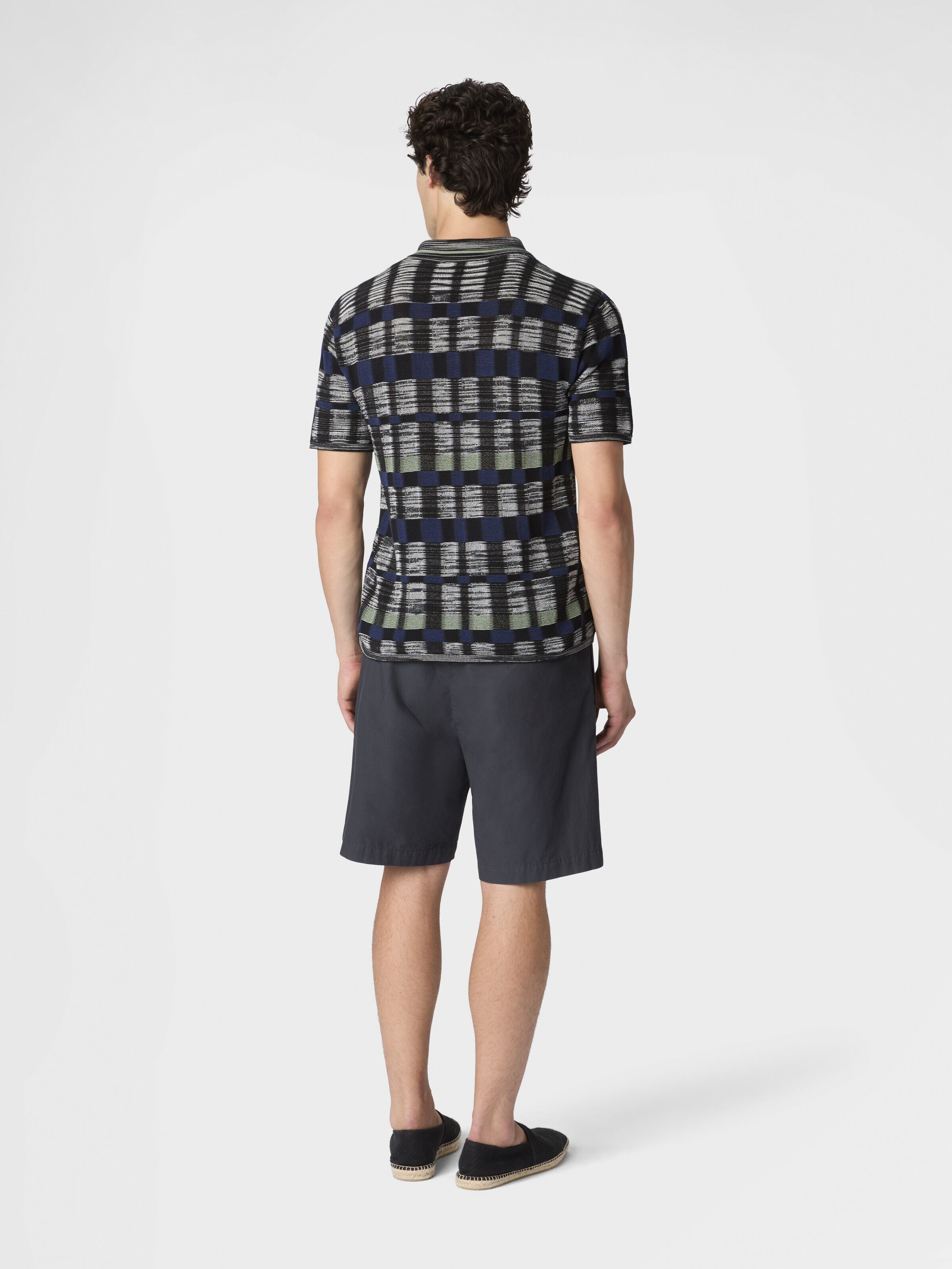 Cotton and viscose polo shirt with check pattern, Beige& White  - 2