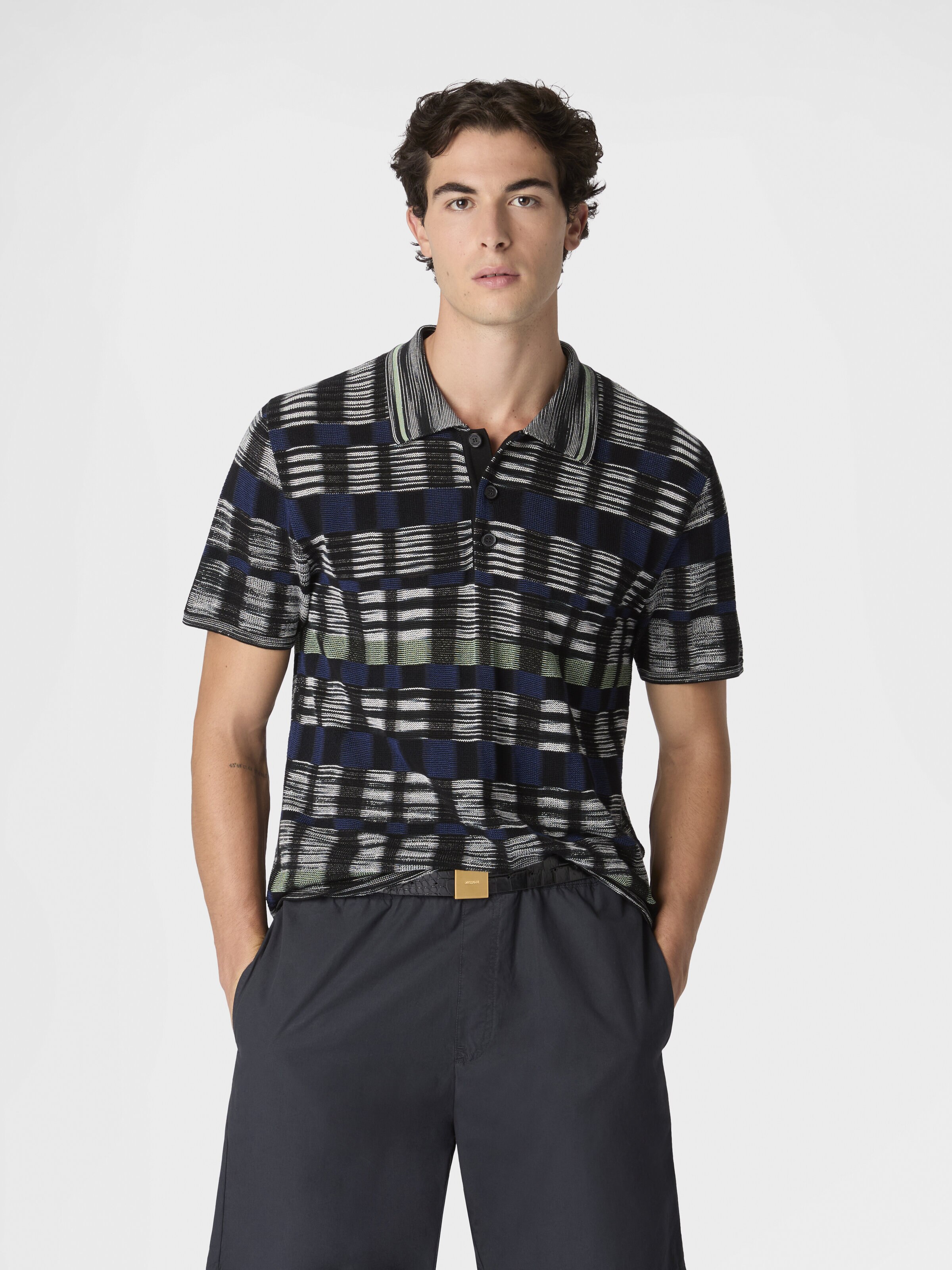 Cotton and viscose polo shirt with check pattern, Beige& White  - 3