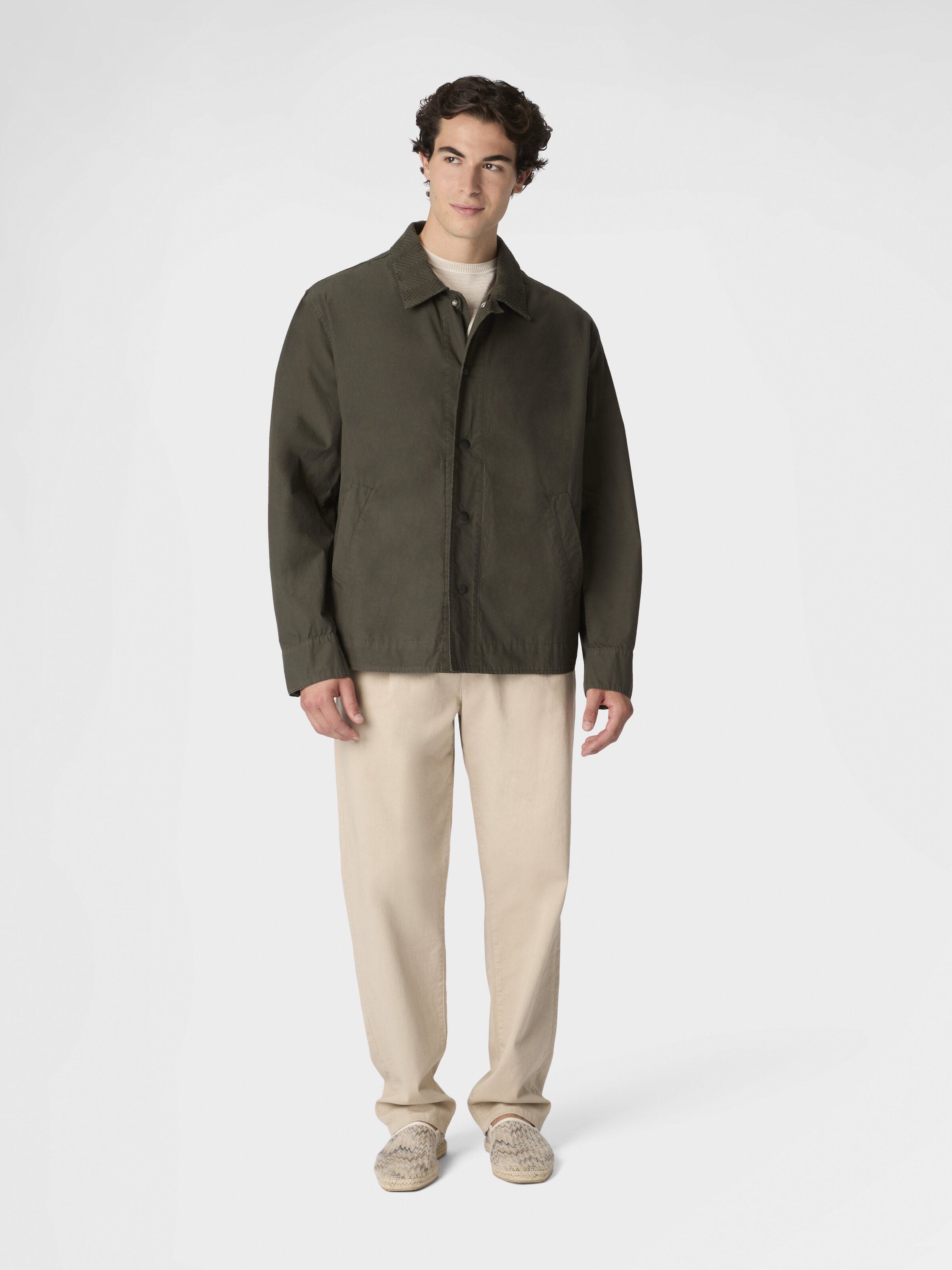 Cotton canvas overshirt with zigzag collar detail, Beige& White  - 1