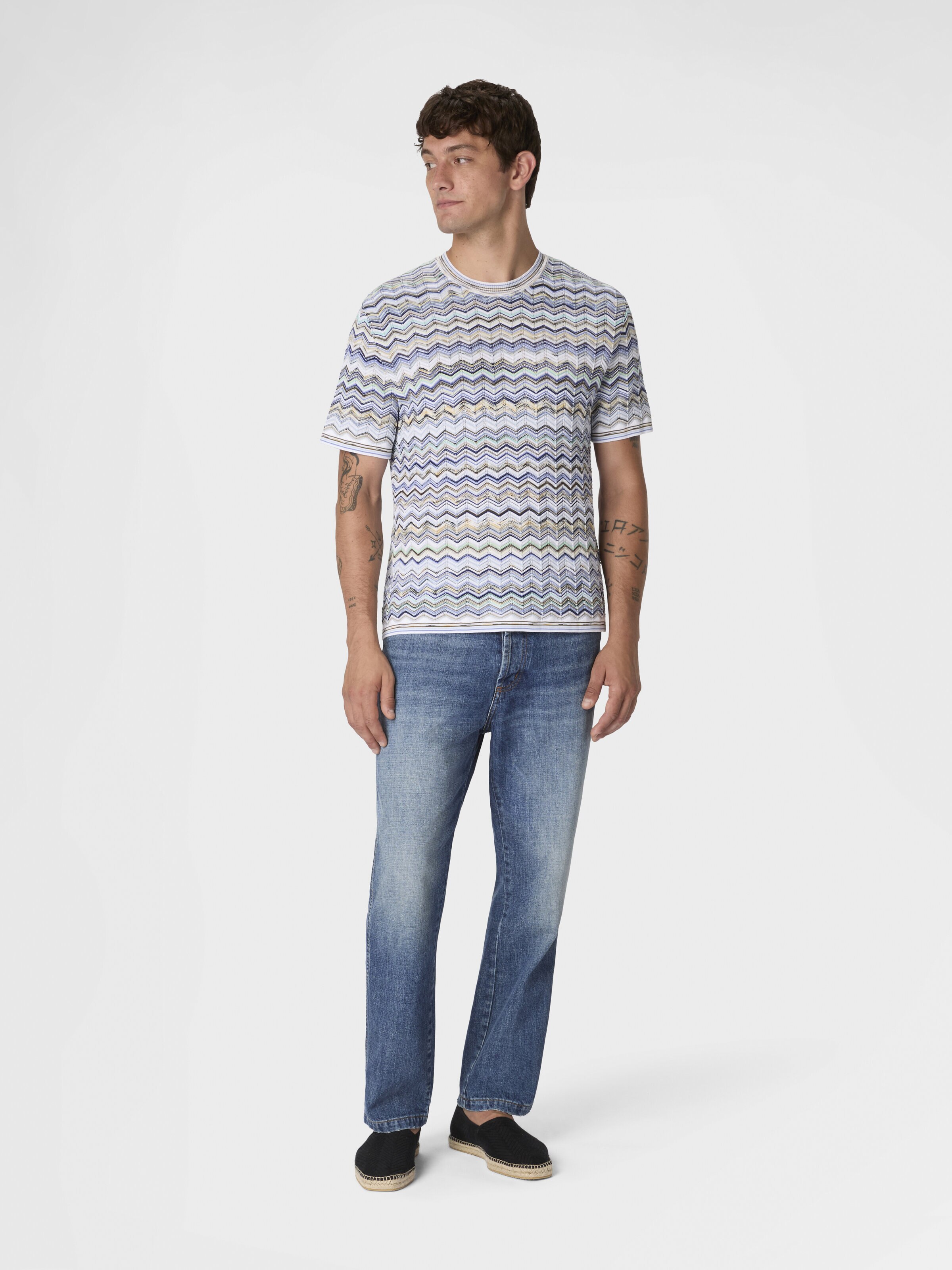 Five-pocket cotton denim trousers with zigzag embroidery, Beige& White  - 1