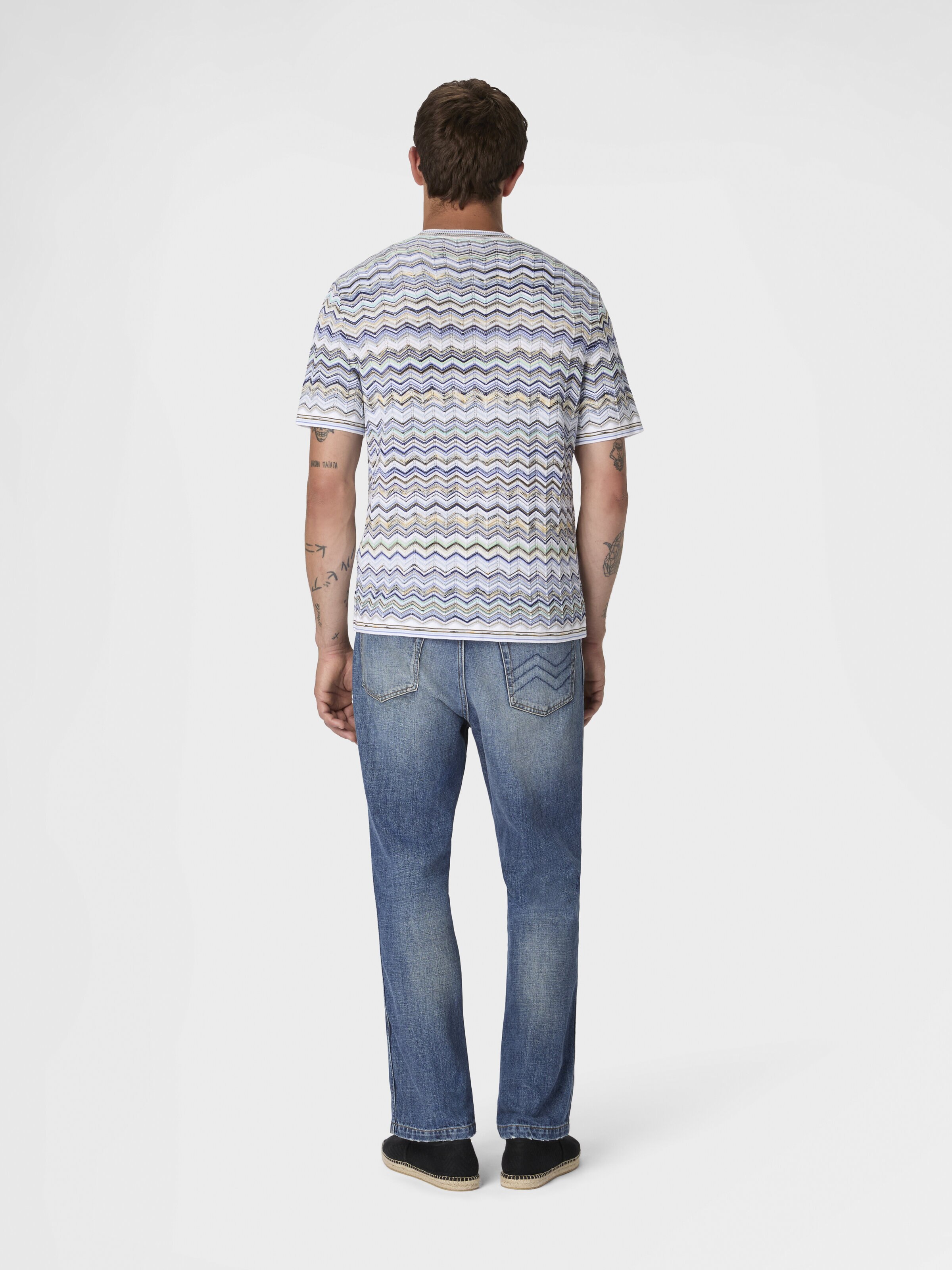 Five-pocket cotton denim trousers with zigzag embroidery, Beige& White  - 2