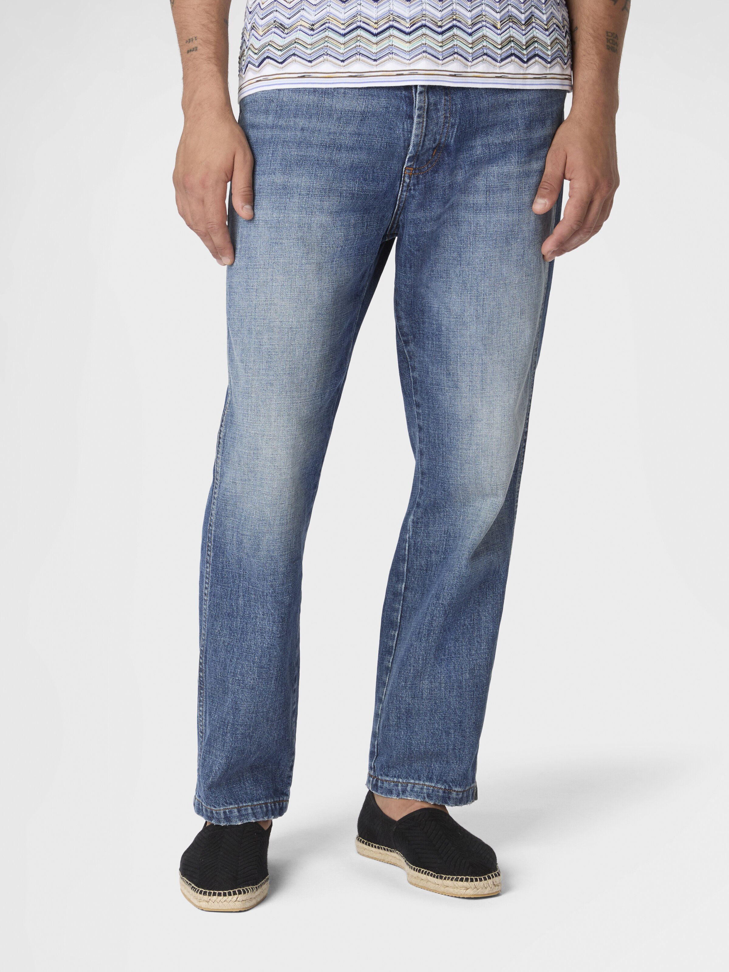 Five-pocket cotton denim trousers with zigzag embroidery, Beige& White  - 3