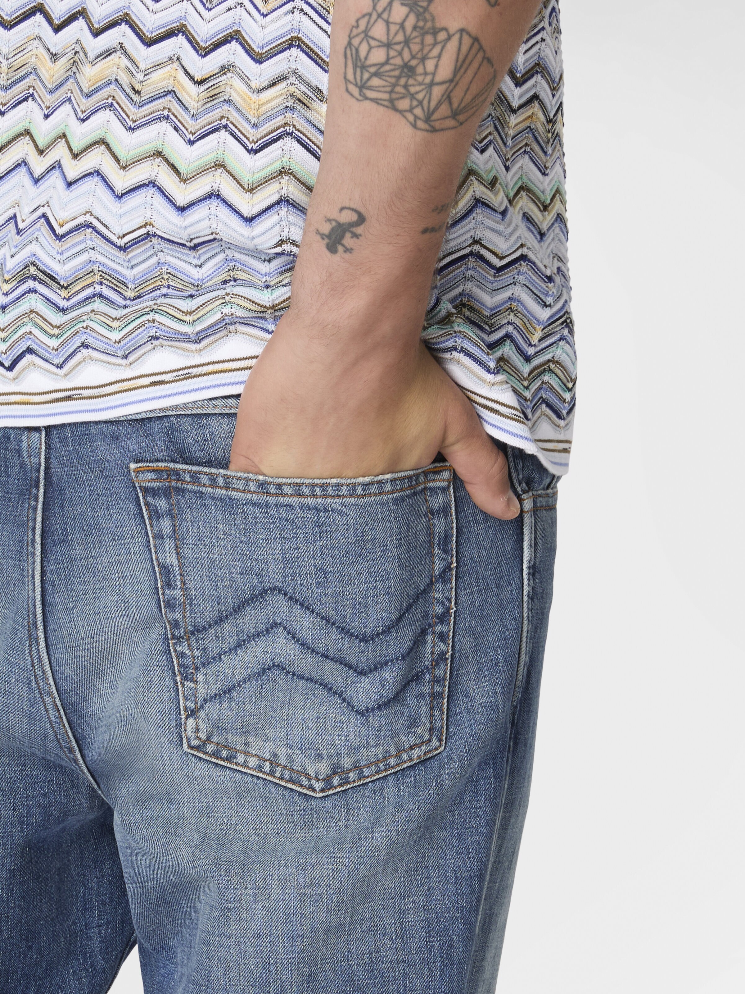 Five-pocket cotton denim trousers with zigzag embroidery, Beige& White  - 4