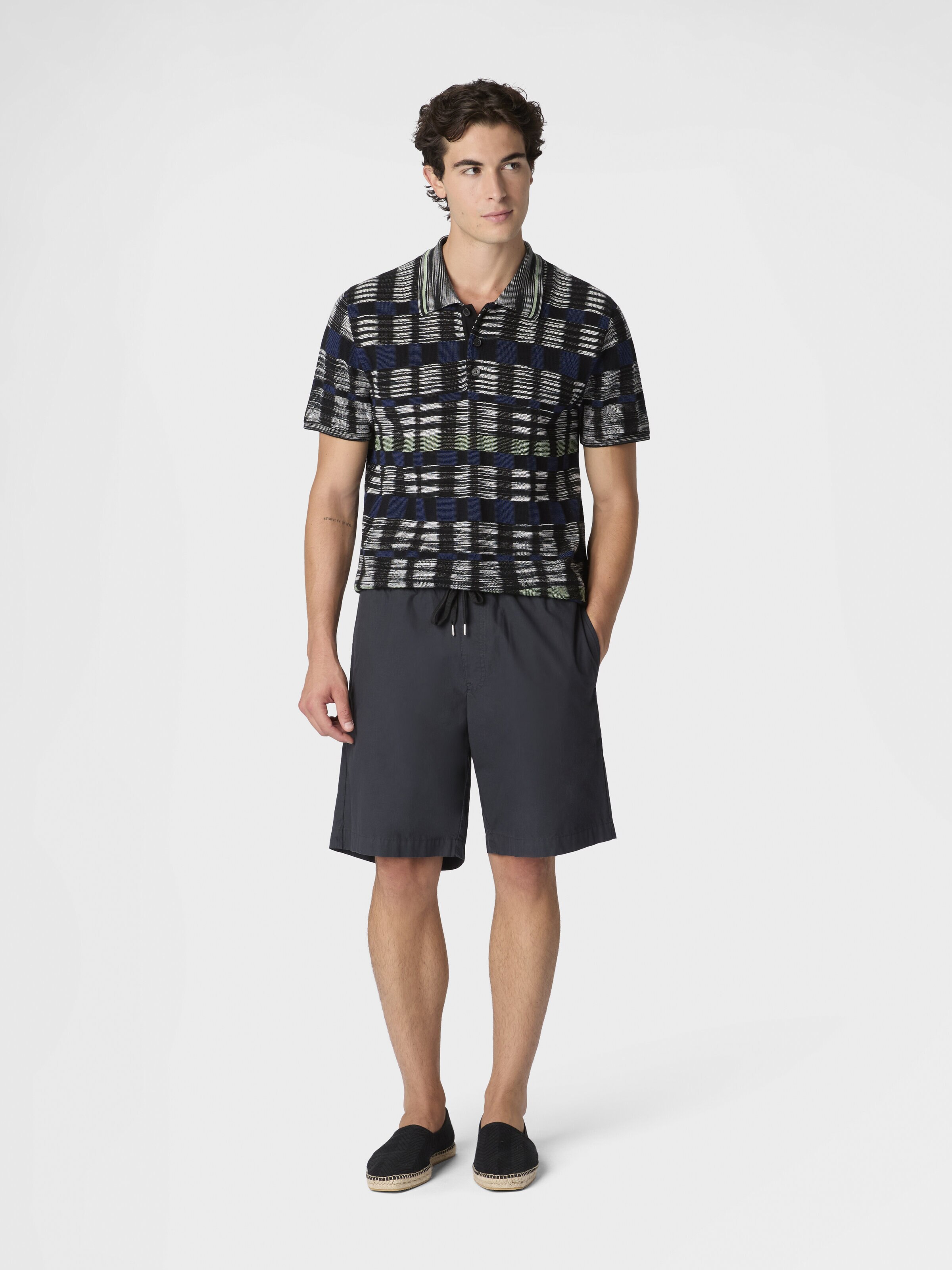 Bermudashorts aus Baumwolltwill mit Zickzackeinsatz, Beige& Weiß  - 1