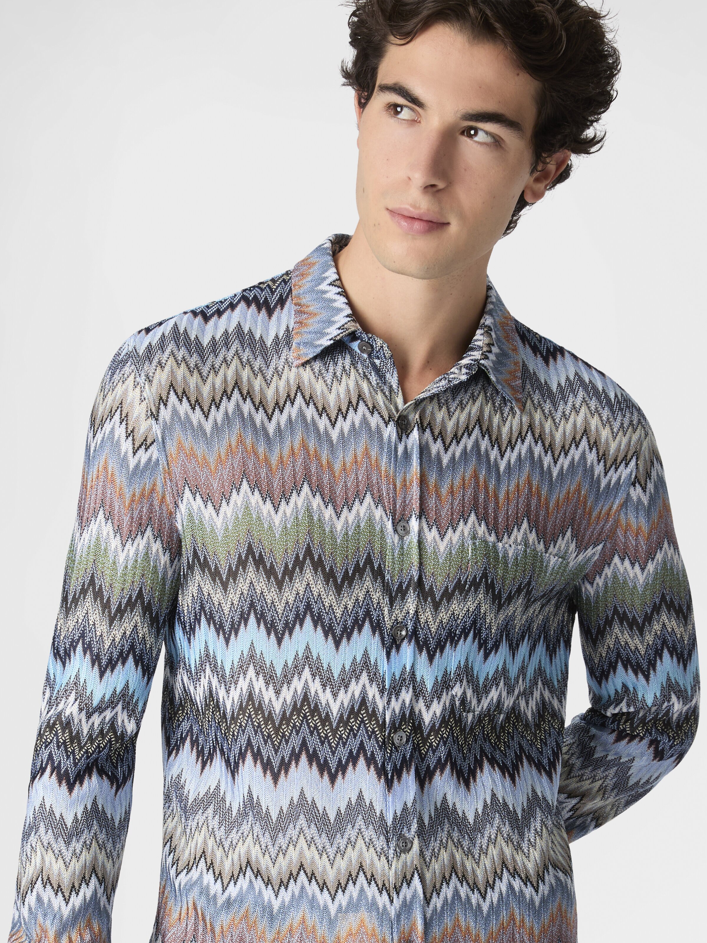 Camisa de manga larga en viscosa con motivo de chevron y serpiente, Beige& Blanco  - 3