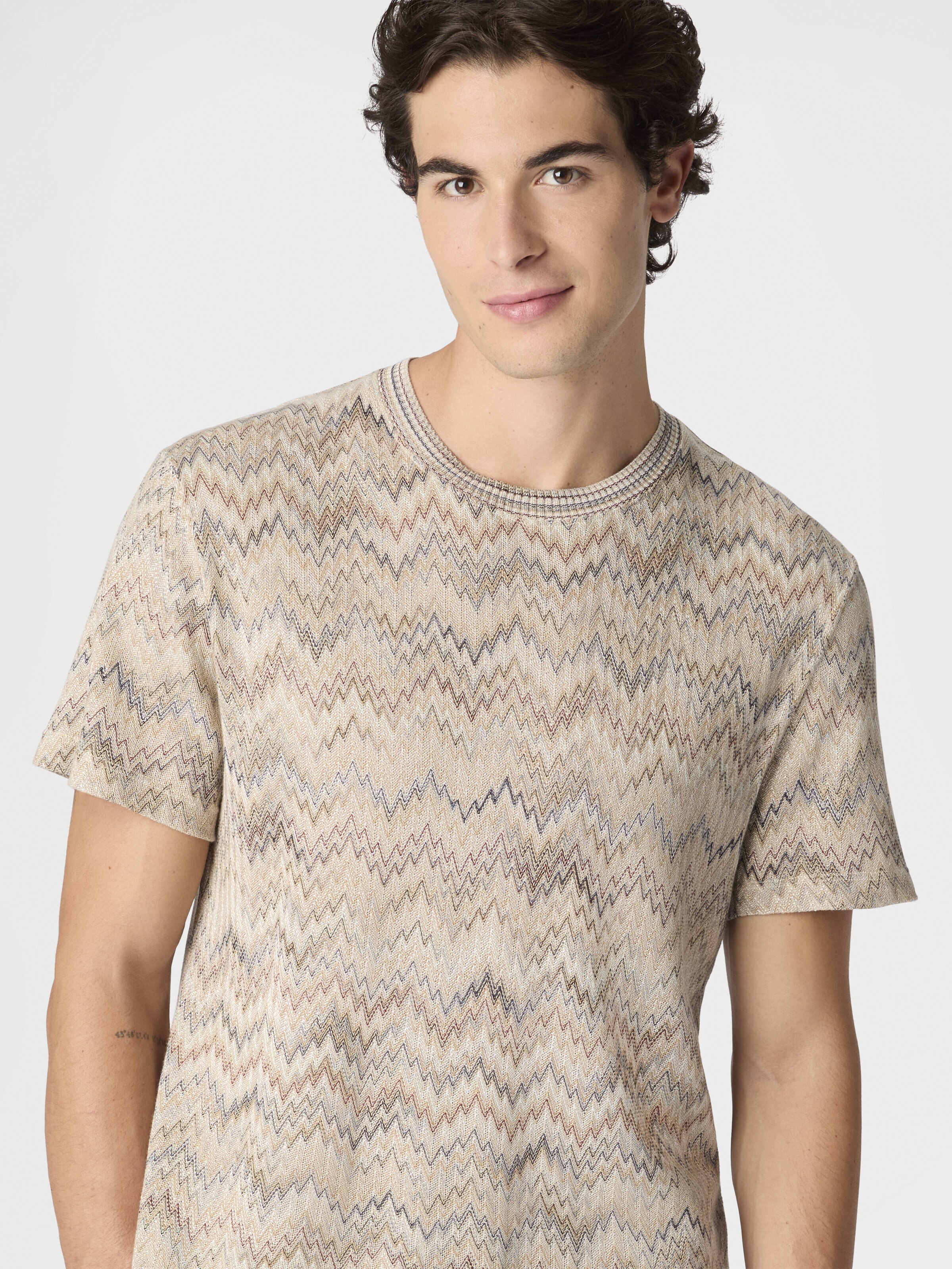 Crew-neck cotton T-shirt with dégradé snake pattern, Beige& White  - 3