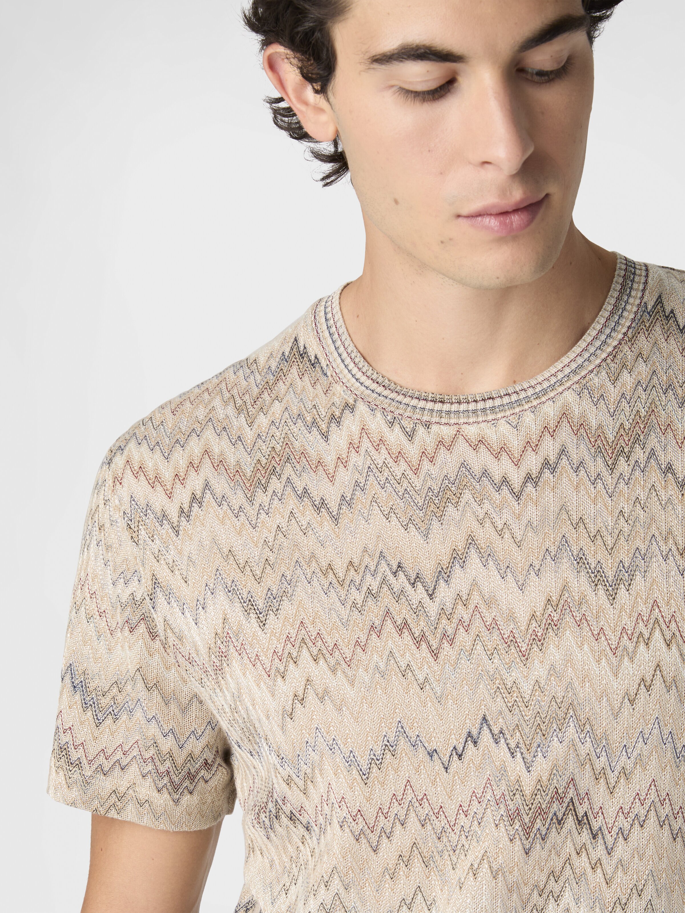 Crew-neck cotton T-shirt with dégradé snake pattern, Beige& White  - 4
