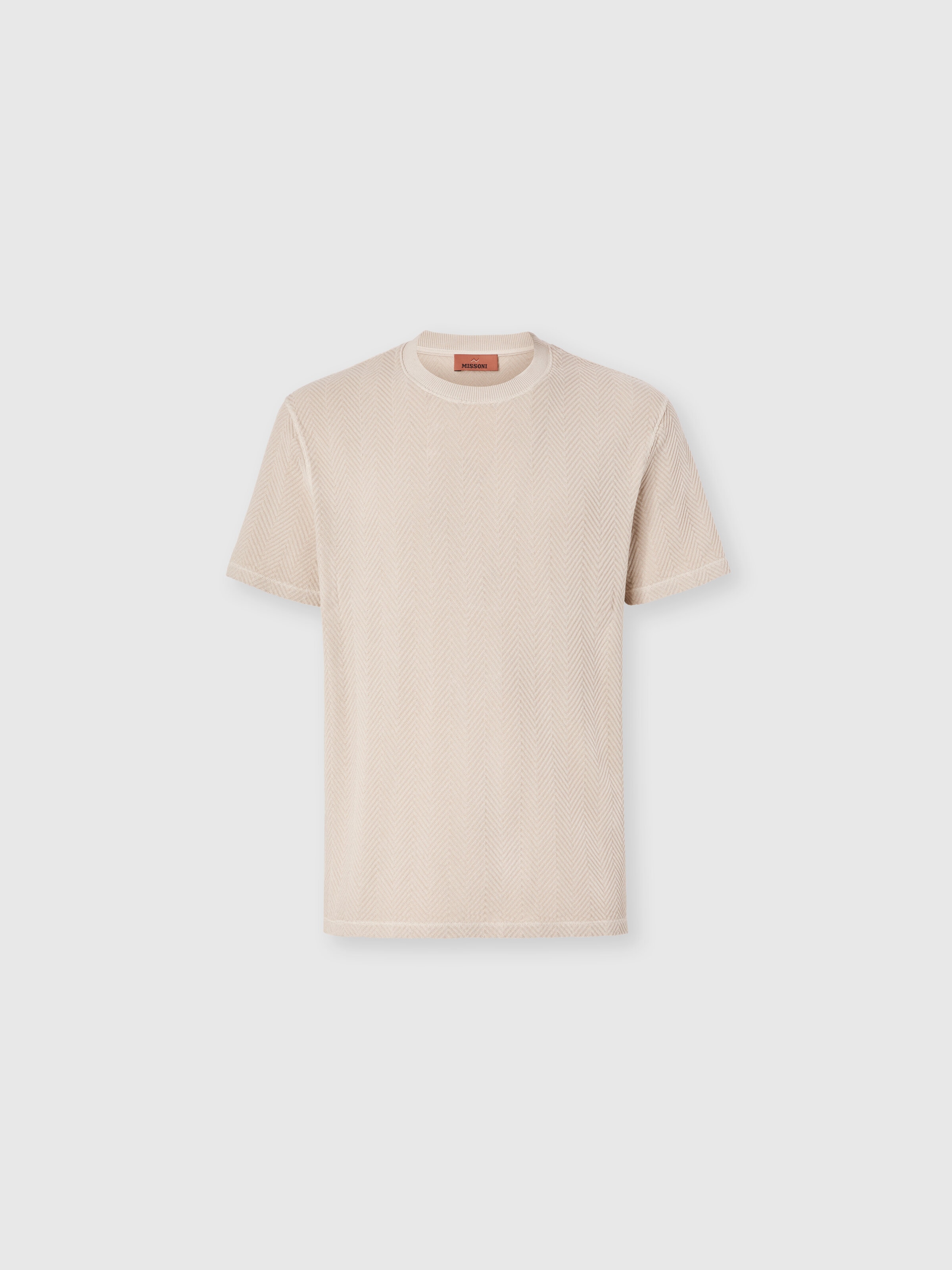 Crew-neck cotton and viscose T-shirt with tone-on-tone zigzag motif, Beige& White  - 0