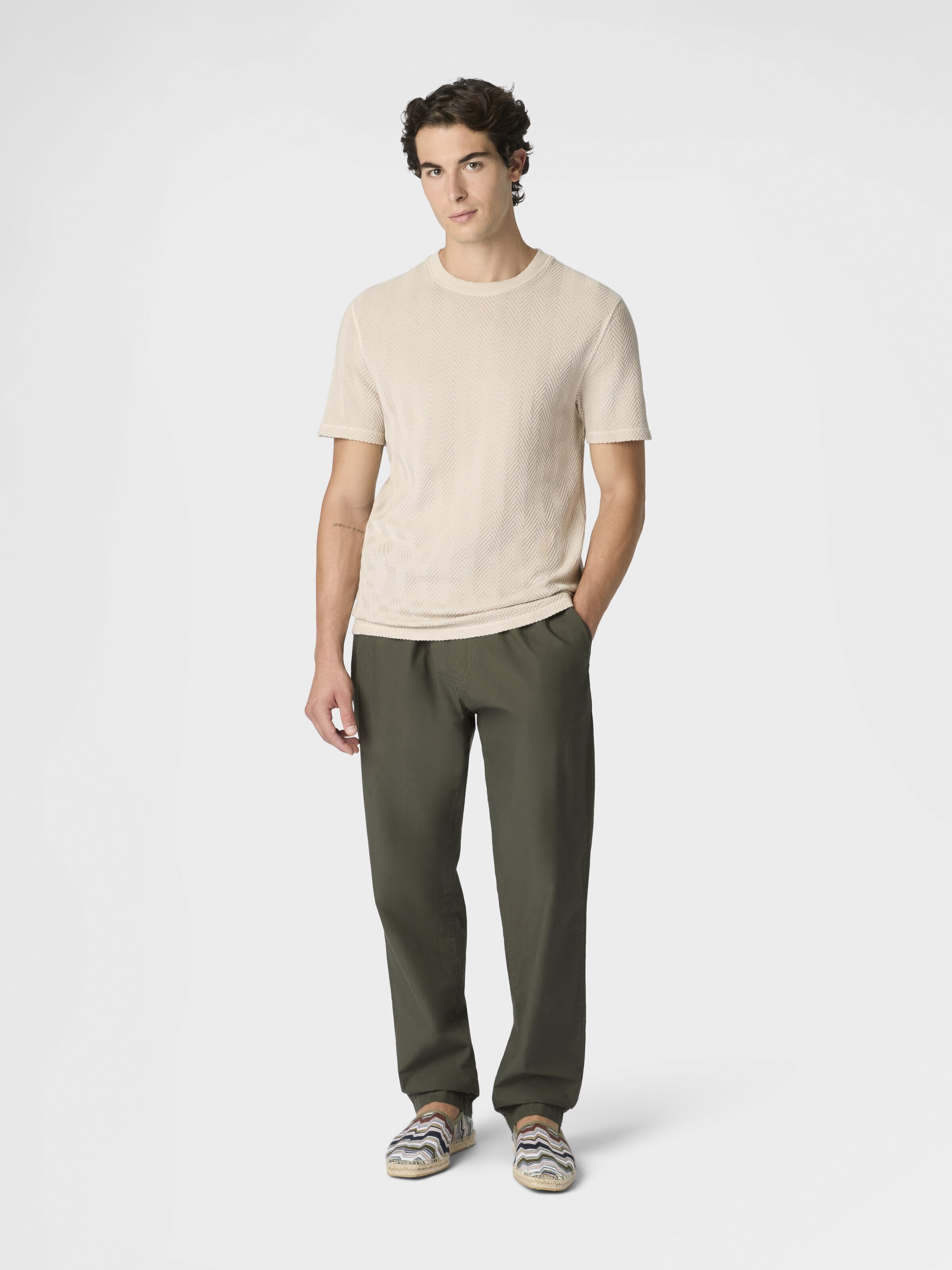 Crew-neck cotton and viscose T-shirt with tone-on-tone zigzag motif, Beige& White  - 1