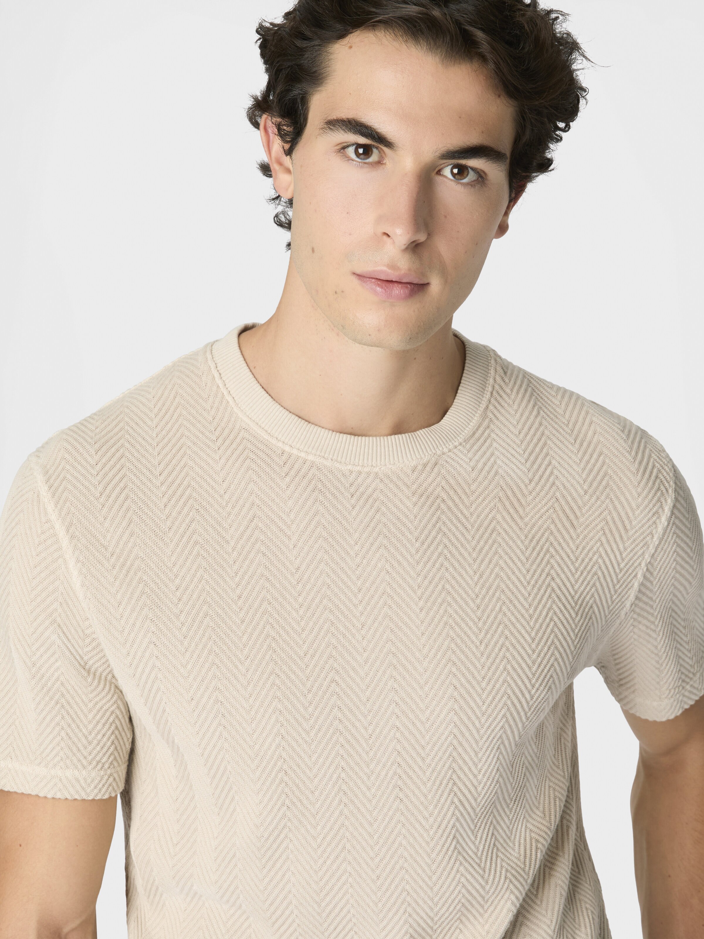 Crew-neck cotton and viscose T-shirt with tone-on-tone zigzag motif, Beige& White  - 3
