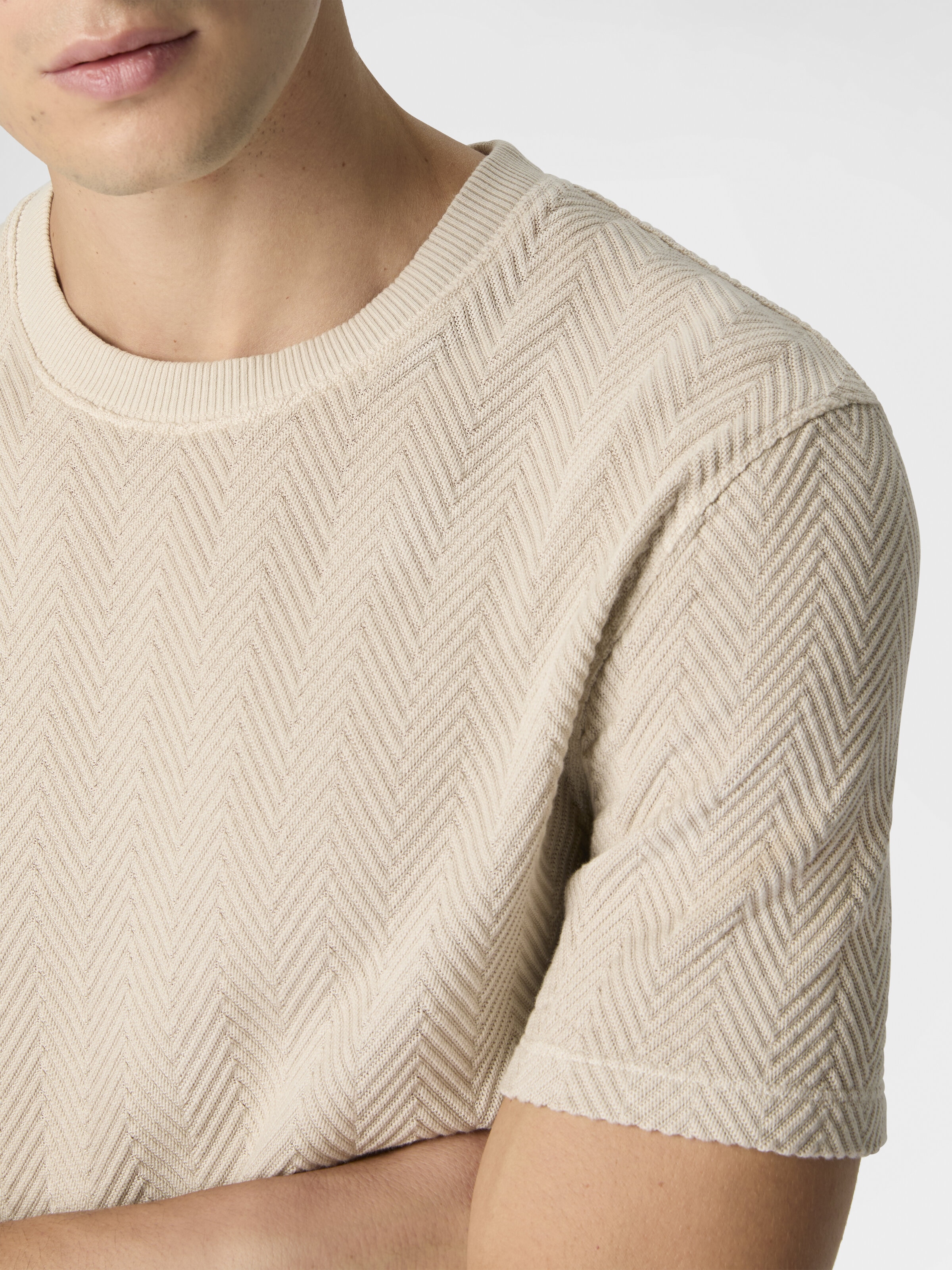 Crew-neck cotton and viscose T-shirt with tone-on-tone zigzag motif, Beige& White  - 4