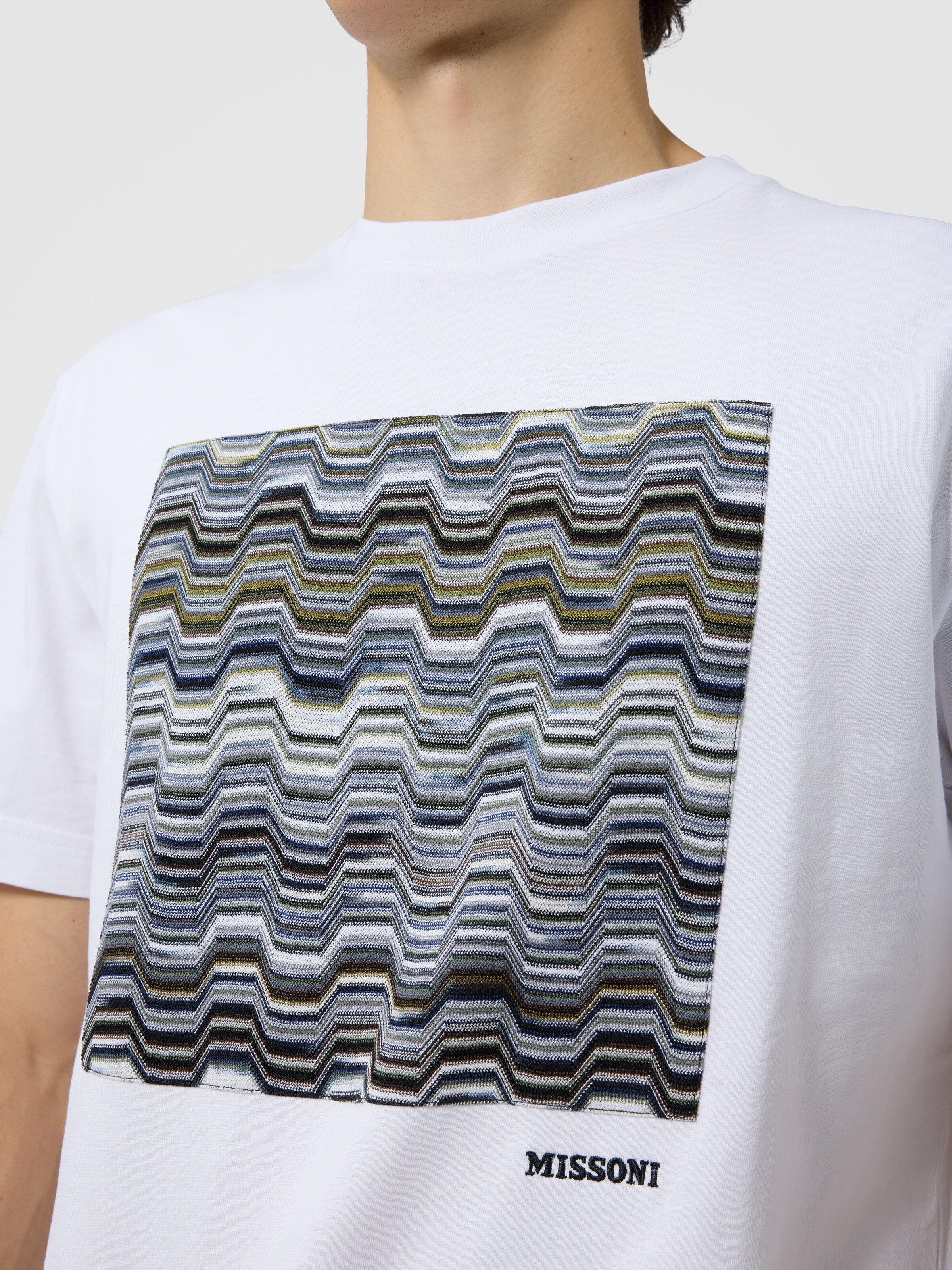 Crew-neck cotton t-shirt with snake pattern detailing Beige& White
