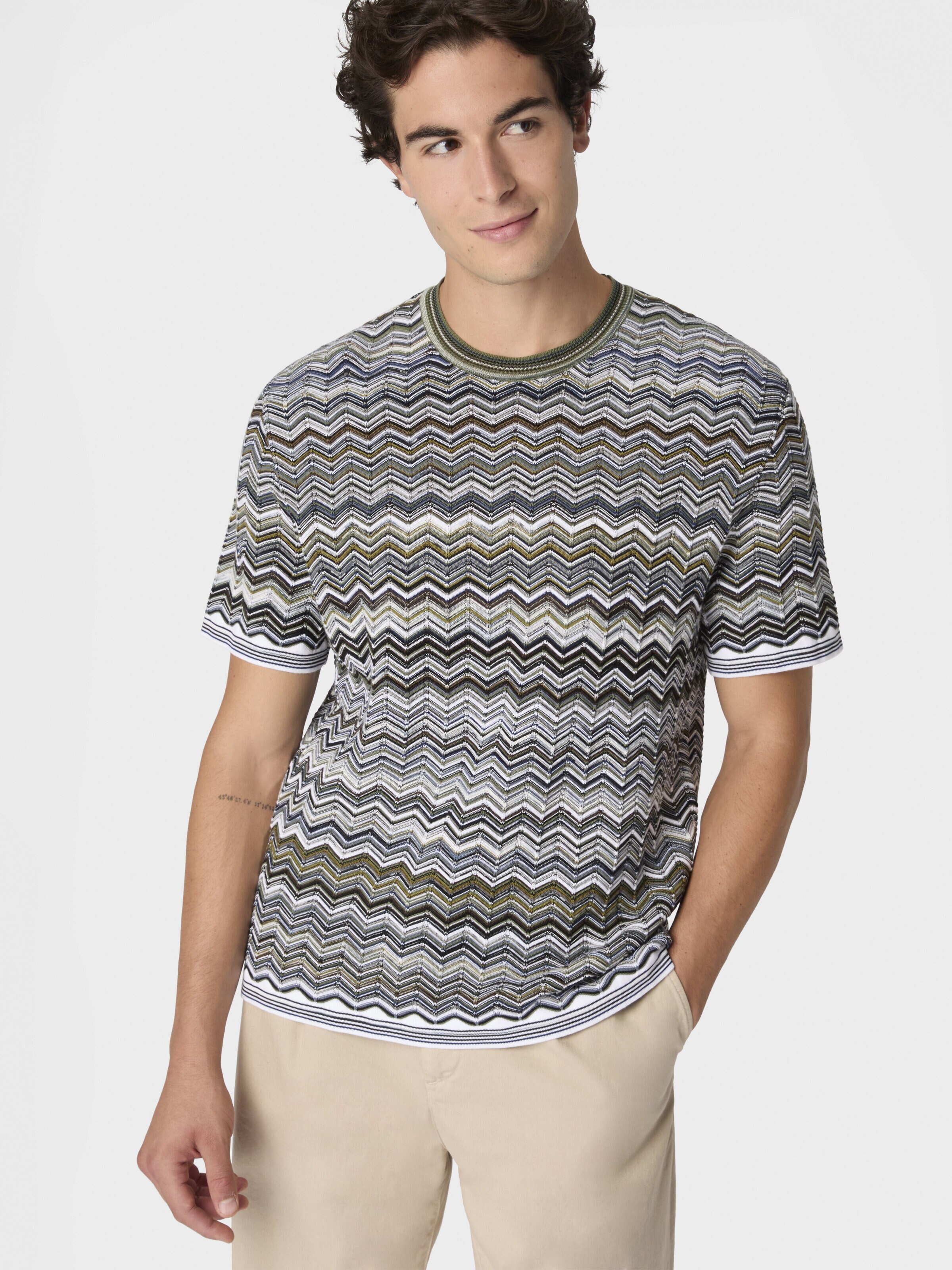 T-shirt en maille de coton à motif chevron, Beige& Blanc  - 3